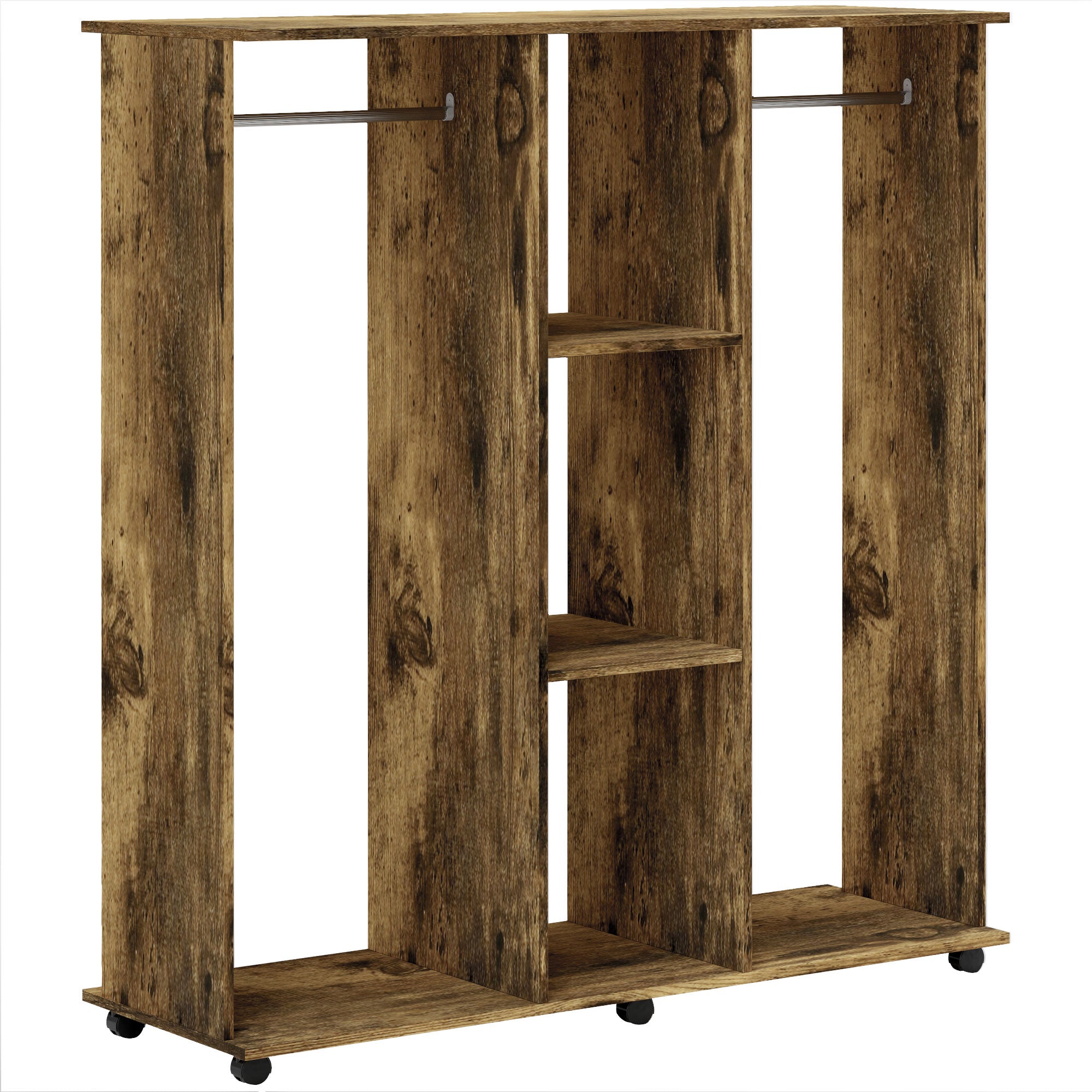 Open Wardrobe Double Storage Shelves Mobile Organizer W/6 Wheels Rustic Brown