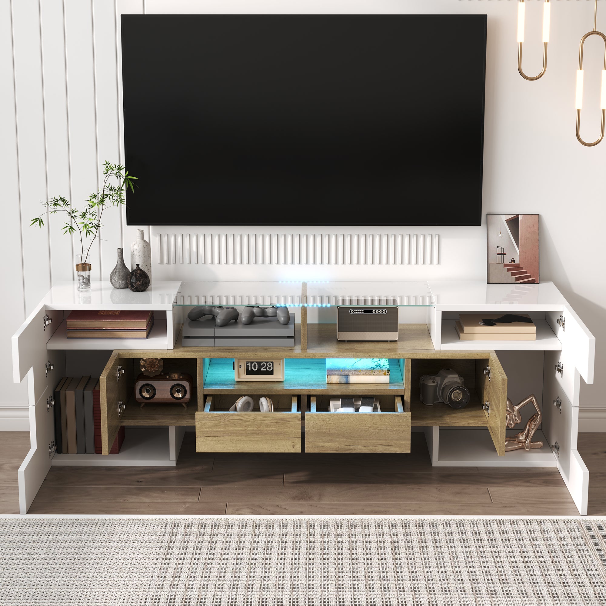 TV Cabinet, 145 cm LED Lighting, High-Gloss White Glass