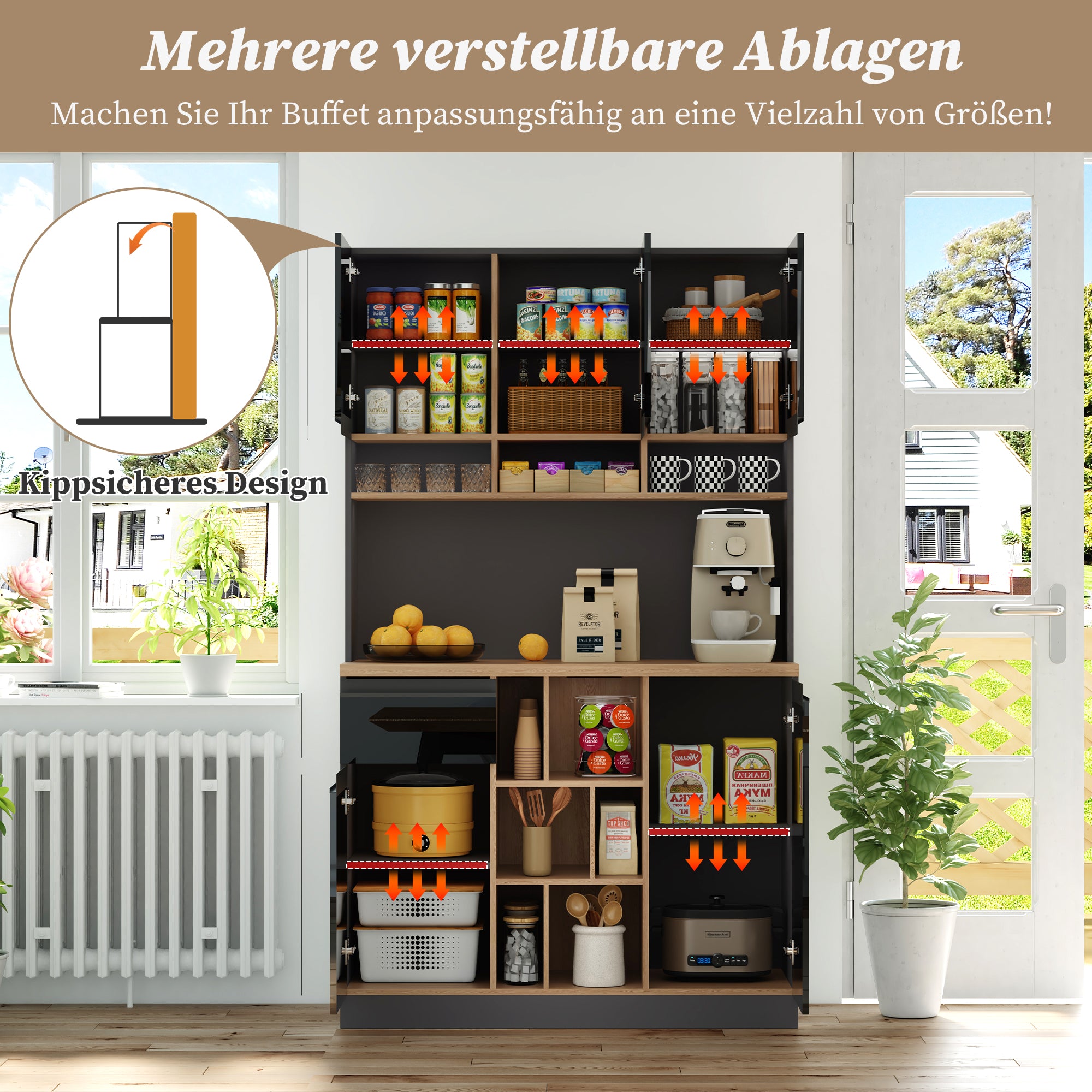 Modern Buffet Sideboard 105x185cm Adjustable Shelves Drawers - Grey/Black