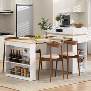 Kitchen Island with Wheels, Extendable Folding Tabletop, Power Strips & Hooks - White