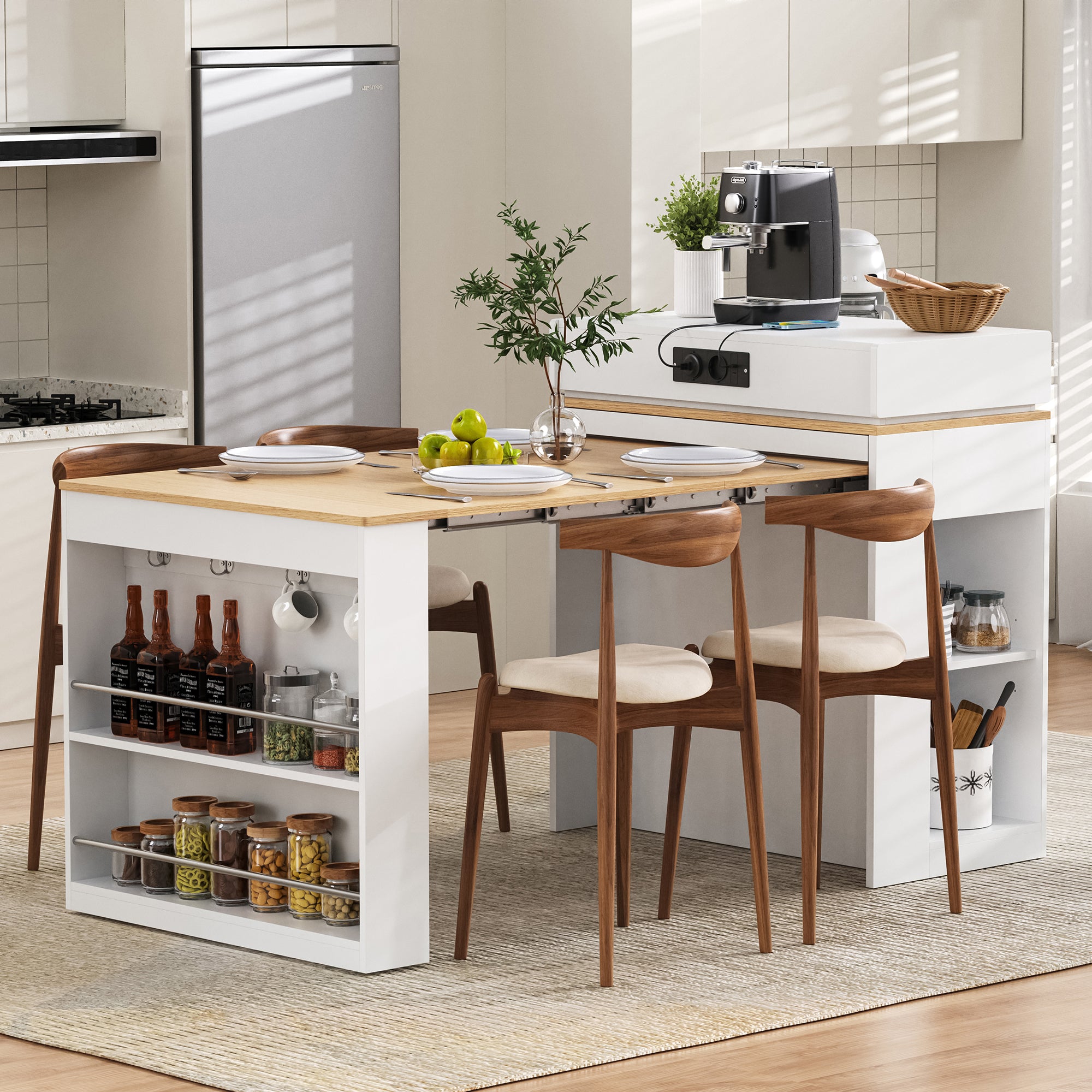 Kitchen Island with Wheels, Extendable Folding Tabletop, Power Strips & Hooks - White