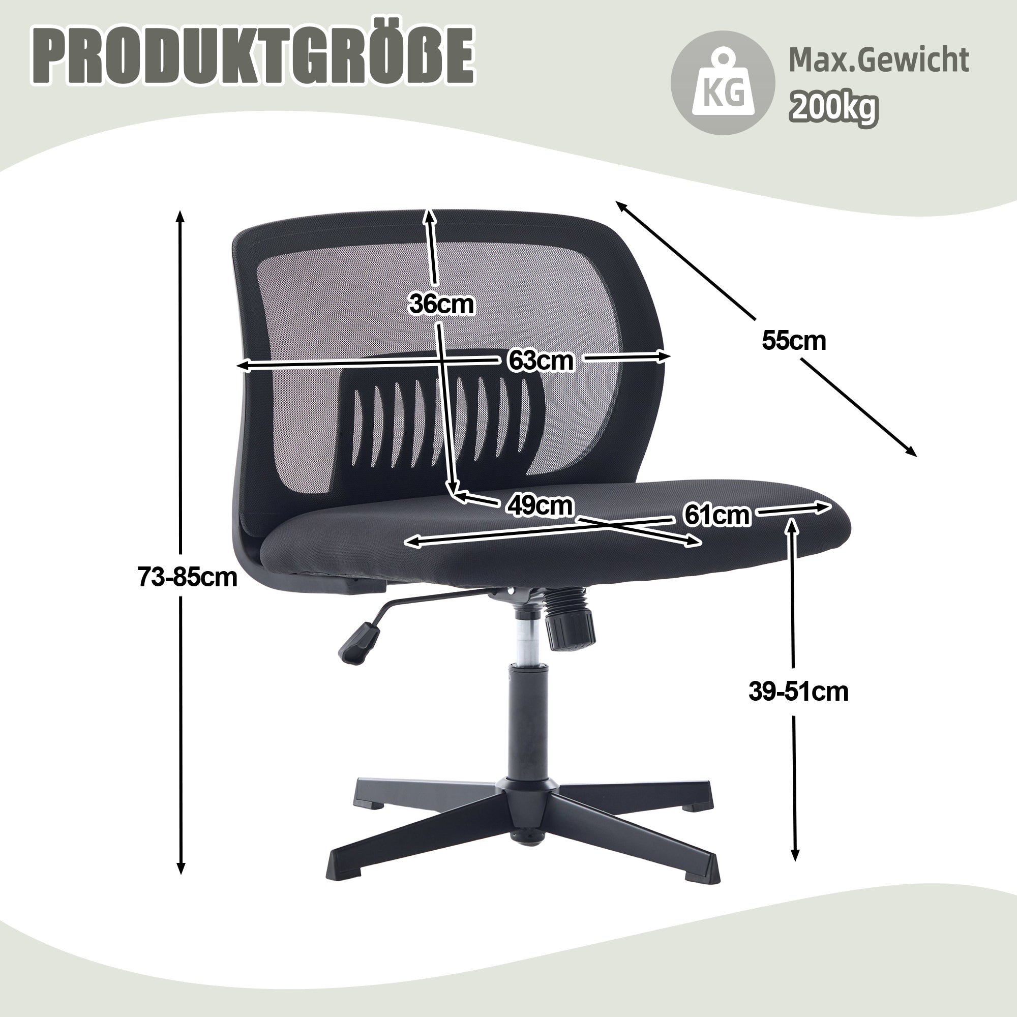 Armless Office Chair, Reading Chair, Upholstered, Rocking, Height Adjustable, 360° Rotatable