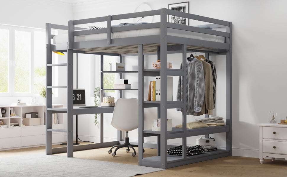 Loft Bed with Ladder, Table & Shelves, 140x200 cm, Solid Wood Grey