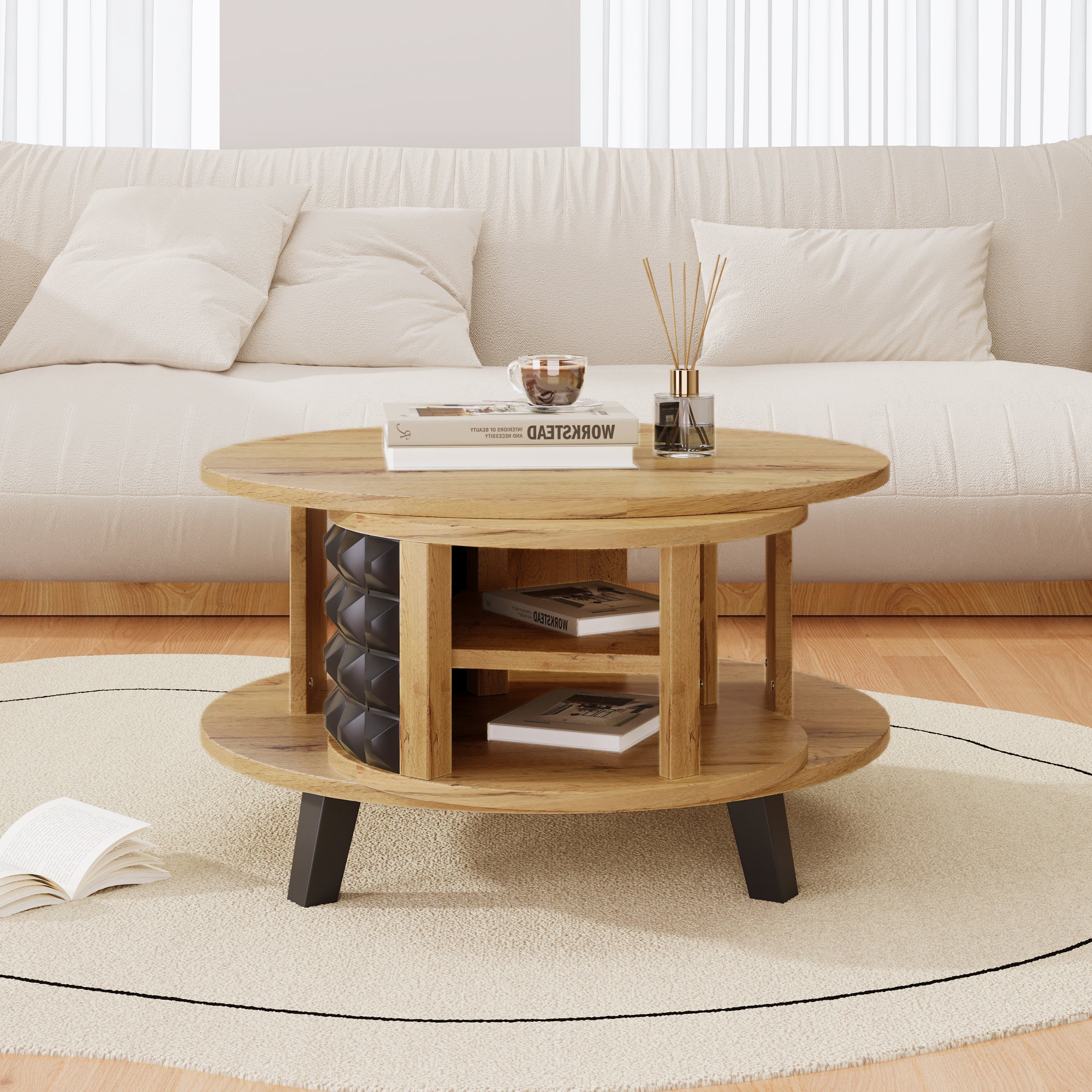 Coffee Table Rotating Side Table with Hidden Storage