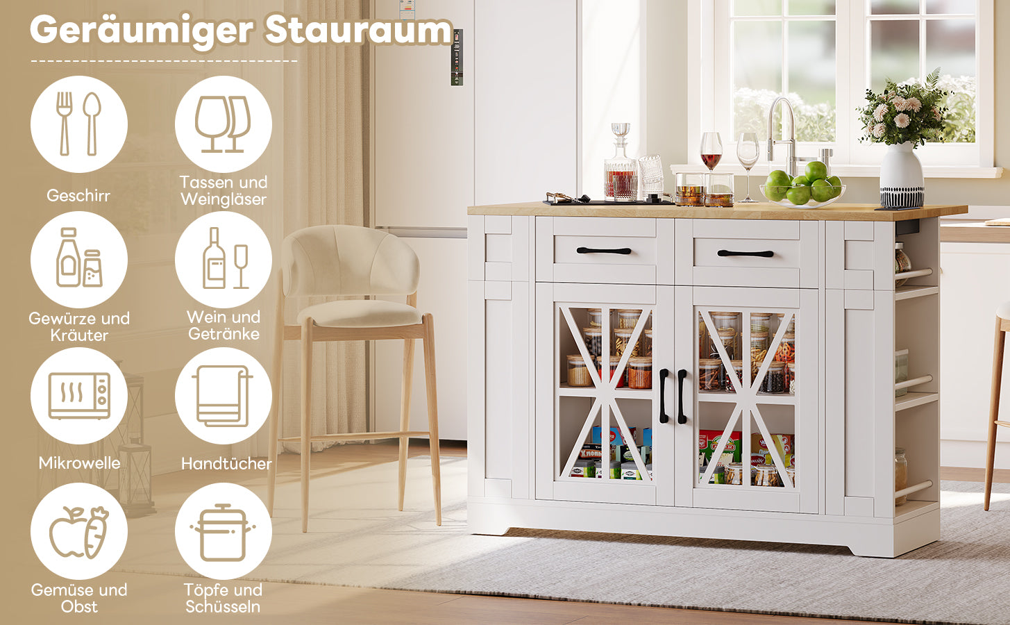 Portable Kitchen Island 120cm Folding Dining Table USB Charging Storage on Casters