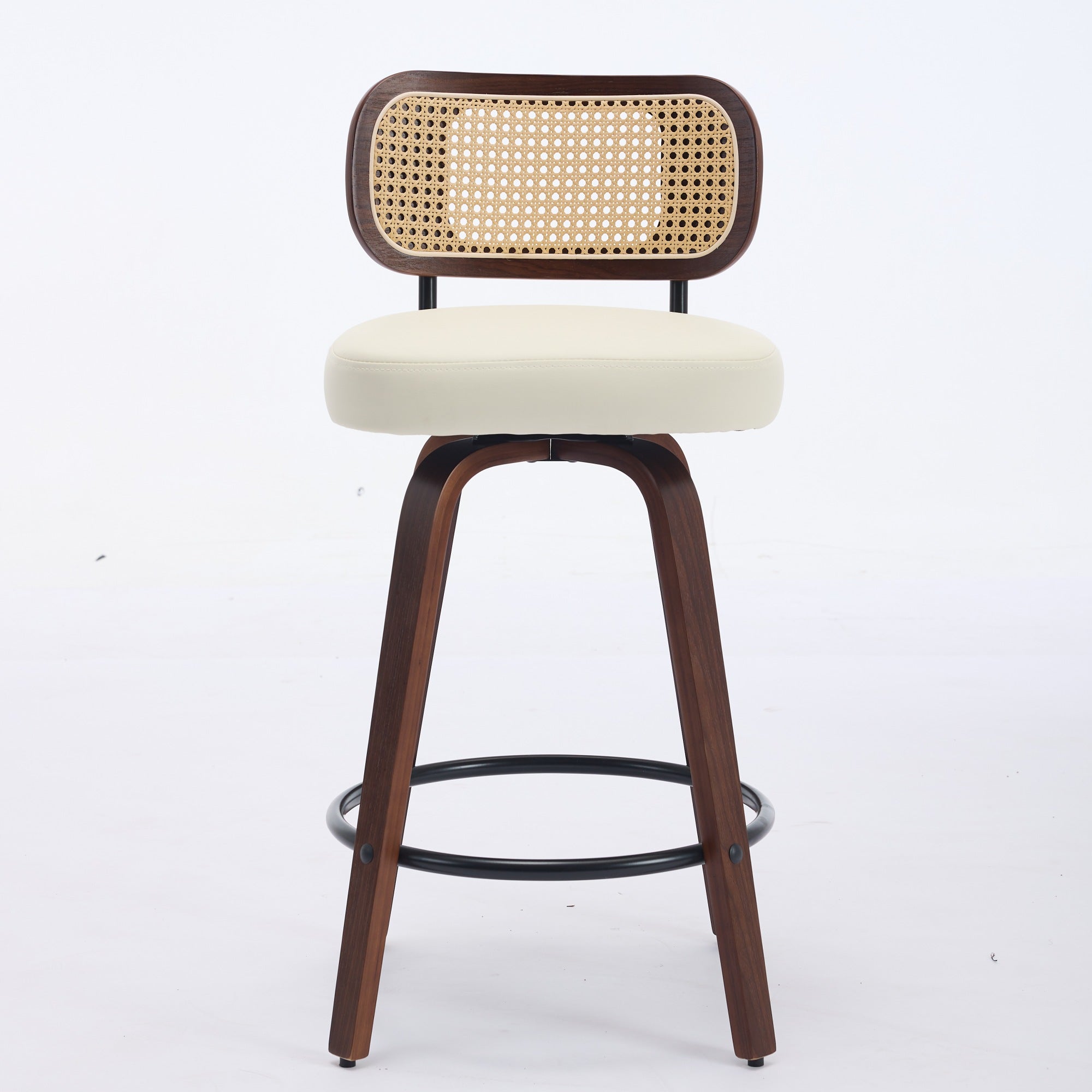 Set of 2 Counter Height Bar Stools, 26 Inch Swivel Rattan Cane Back with Upholstered Seat, Walnut and Beige