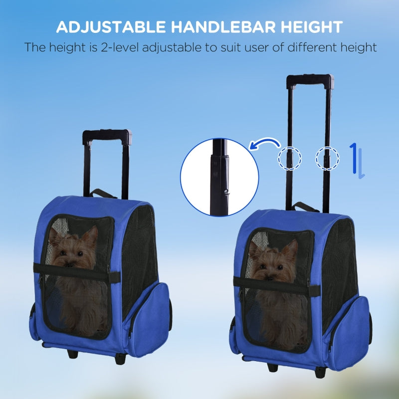 Portable Pet Carrier Backpack with Trolley, Telescopic Handle, Stroller Wheels, Blue