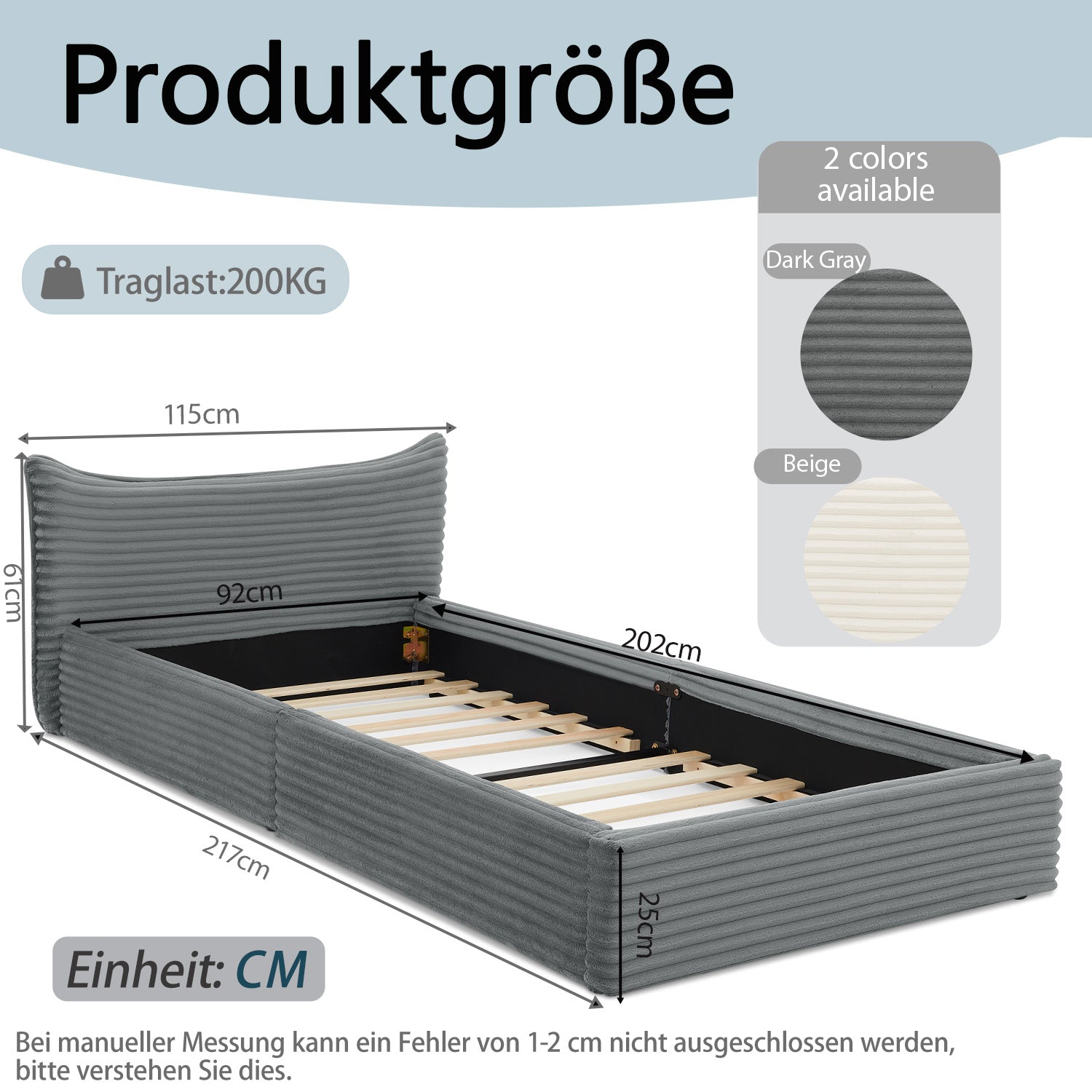 Single Bed 90x200cm Corduroy Cover Wood/Iron Frame - Dark Grey