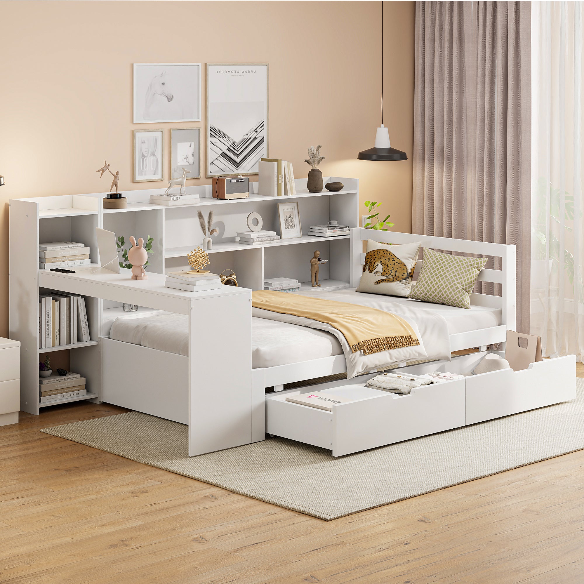 Solid Wood Sofa Bed with Desk, Bookshelf, Storage, Power Outlet - White