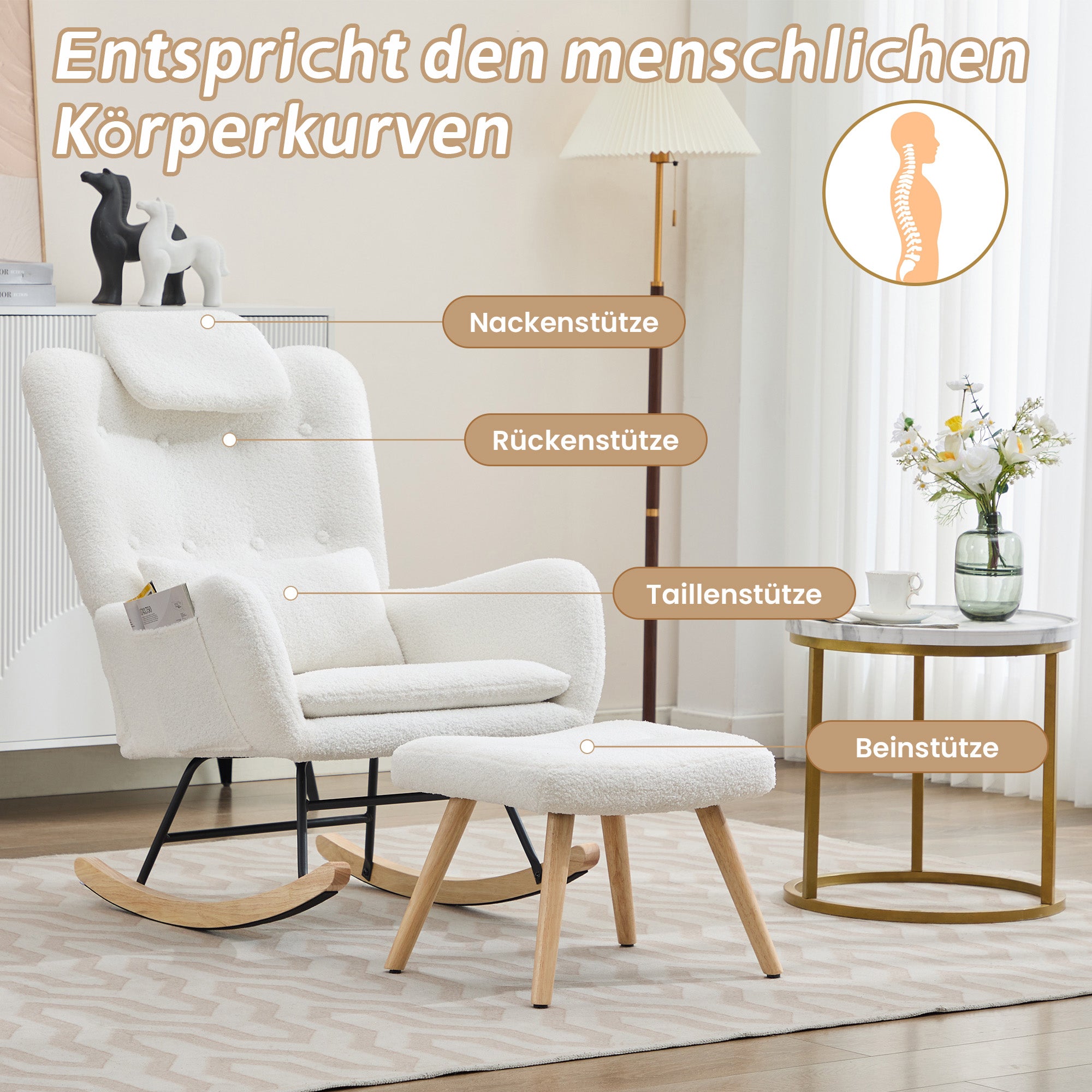 Rocking Chair with Footstool, Armrests Recliner Lounge Chair, Teddy Velvet Fabric