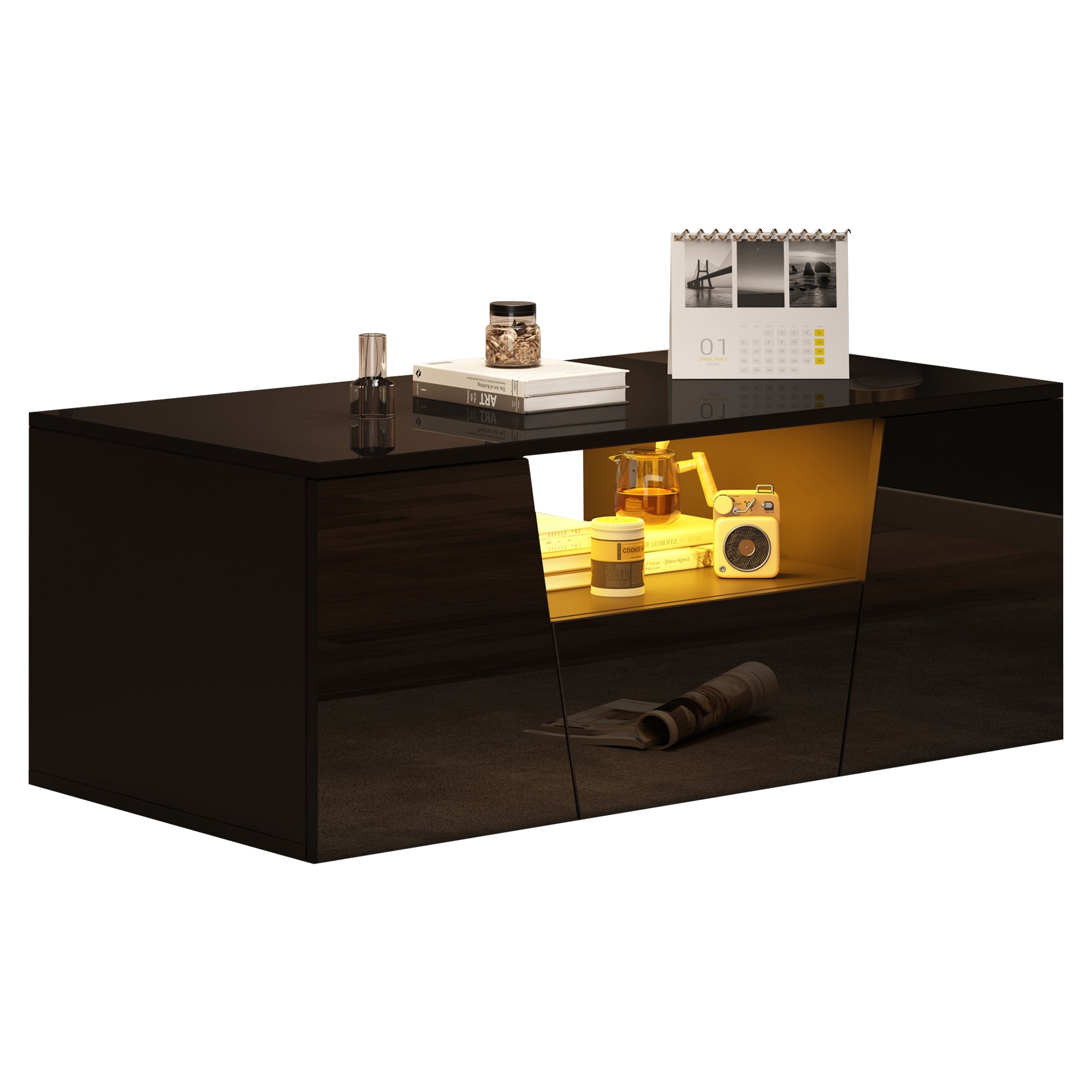 Coffee Table 100x50x40cm, LED Light, 2 Cabinets, 1 Drawer, Black