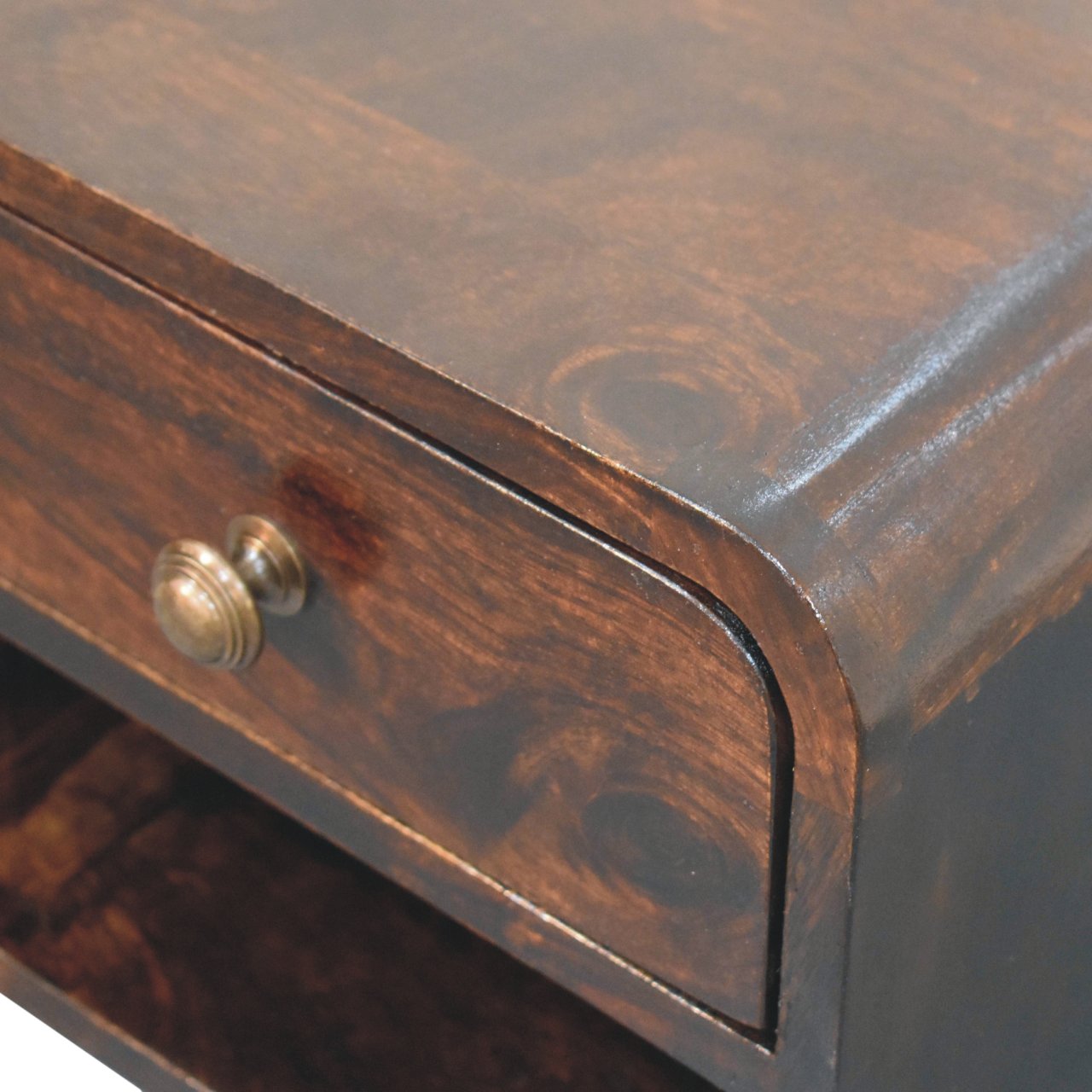 Solid Wood Bedside, Mini Curved Wall Mounted w/ Open Slot & 1 Drawer, Dark Brown