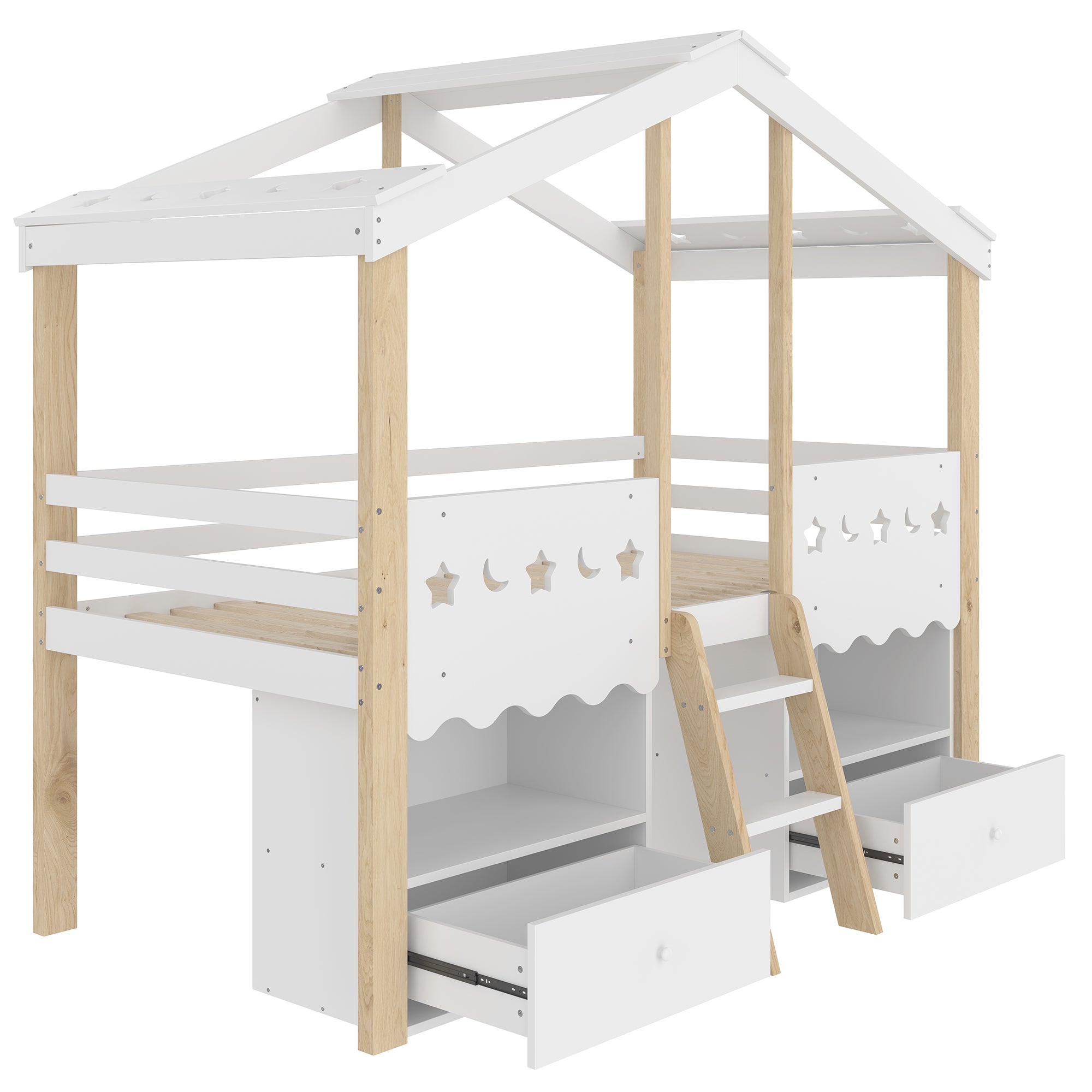 Mid-height Bed 90x200cm House Shape 2 Drawers LED Light - White/Natural