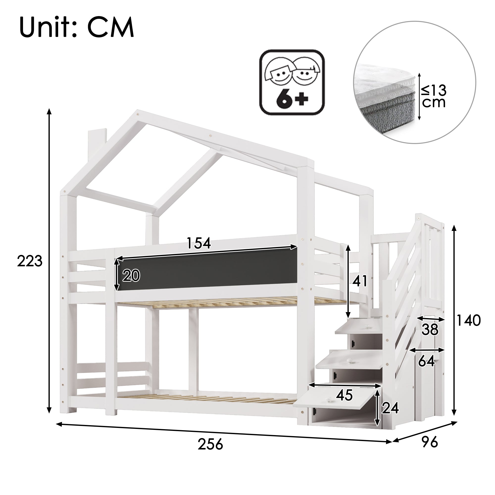 Children's Treehouse Bunk Bed 90x200cm, Storage, Fall Protection, White