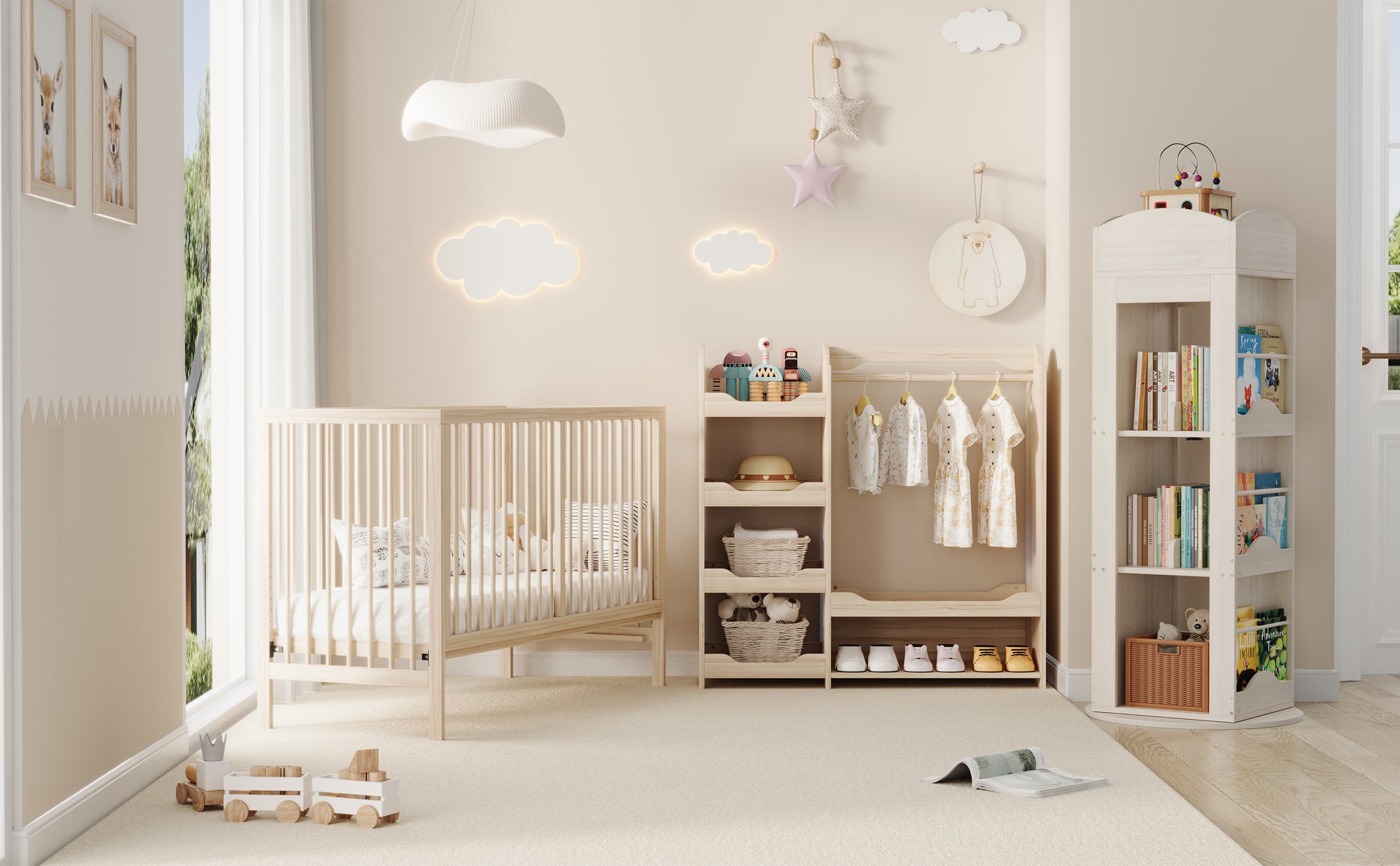 Children's Combination Furniture: Multifunctional Baby Bed, Wardrobe & Rotating Bookcase, Natural Colors
