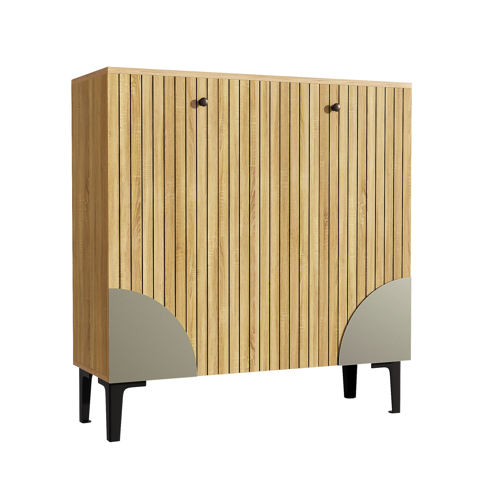 Shoe cabinet 90x32x94cm with three doors, storage, and shelf, wood look/black frame