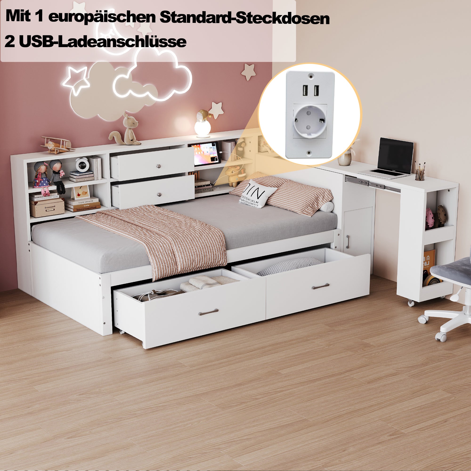 Wooden Sofa Bed 90x200cm Multifunctional Storage Pull-Out Desk, White