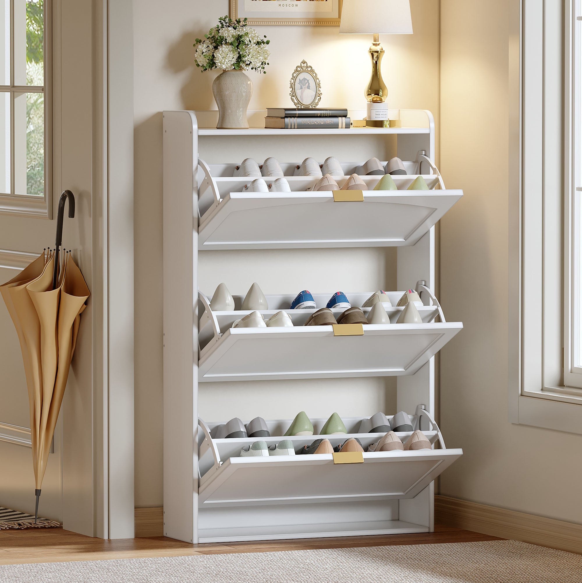 Narrow Shoe Cabinet, 3 Flaps Shoe Cupboard, White Particleboard