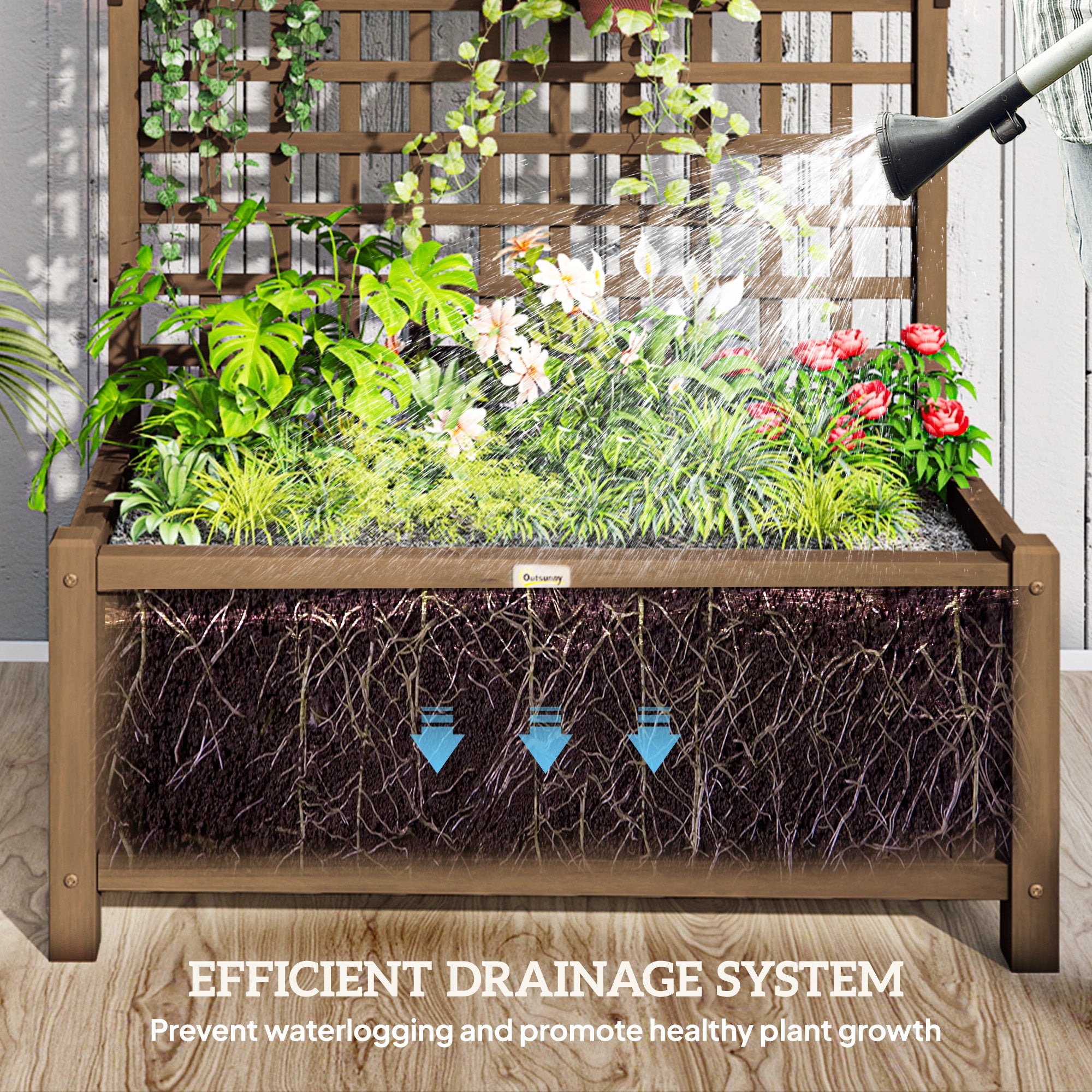 Raised Bed Planter with Drainage Holes and Trellis, Brown Wood