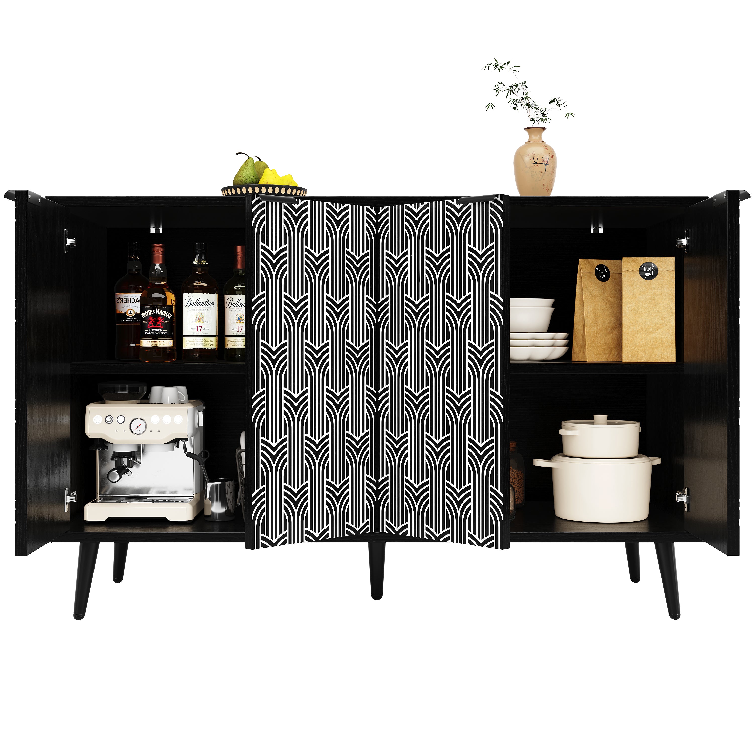 Dining Room Cabinet Freestanding Storage Unique Carved Herringbone Door Black