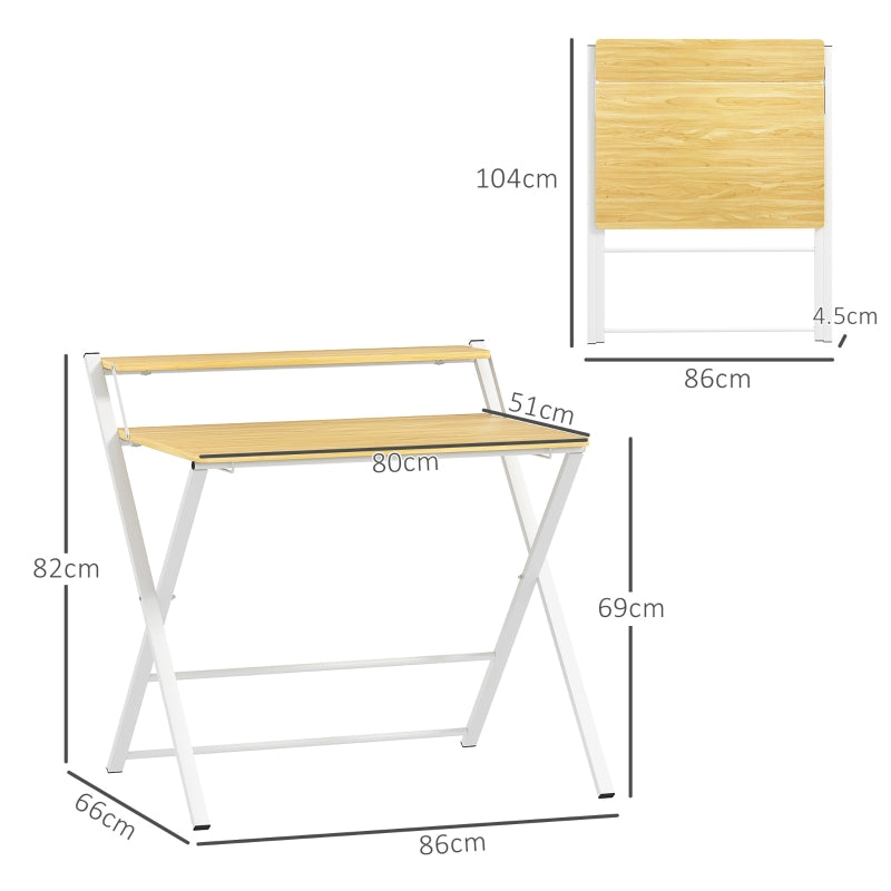 Folding Desk, Space-Saving Computer Desk with Storage Shelf and 2-Tier Study Table, Maple Wood-effect