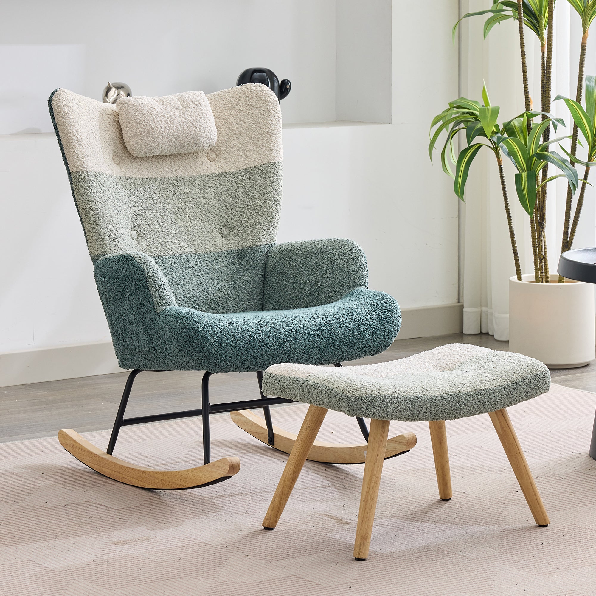 Boucle Rocking Chair Patchwork Stripe Rubberwood Iron Frame with Footstool, Colorful Look