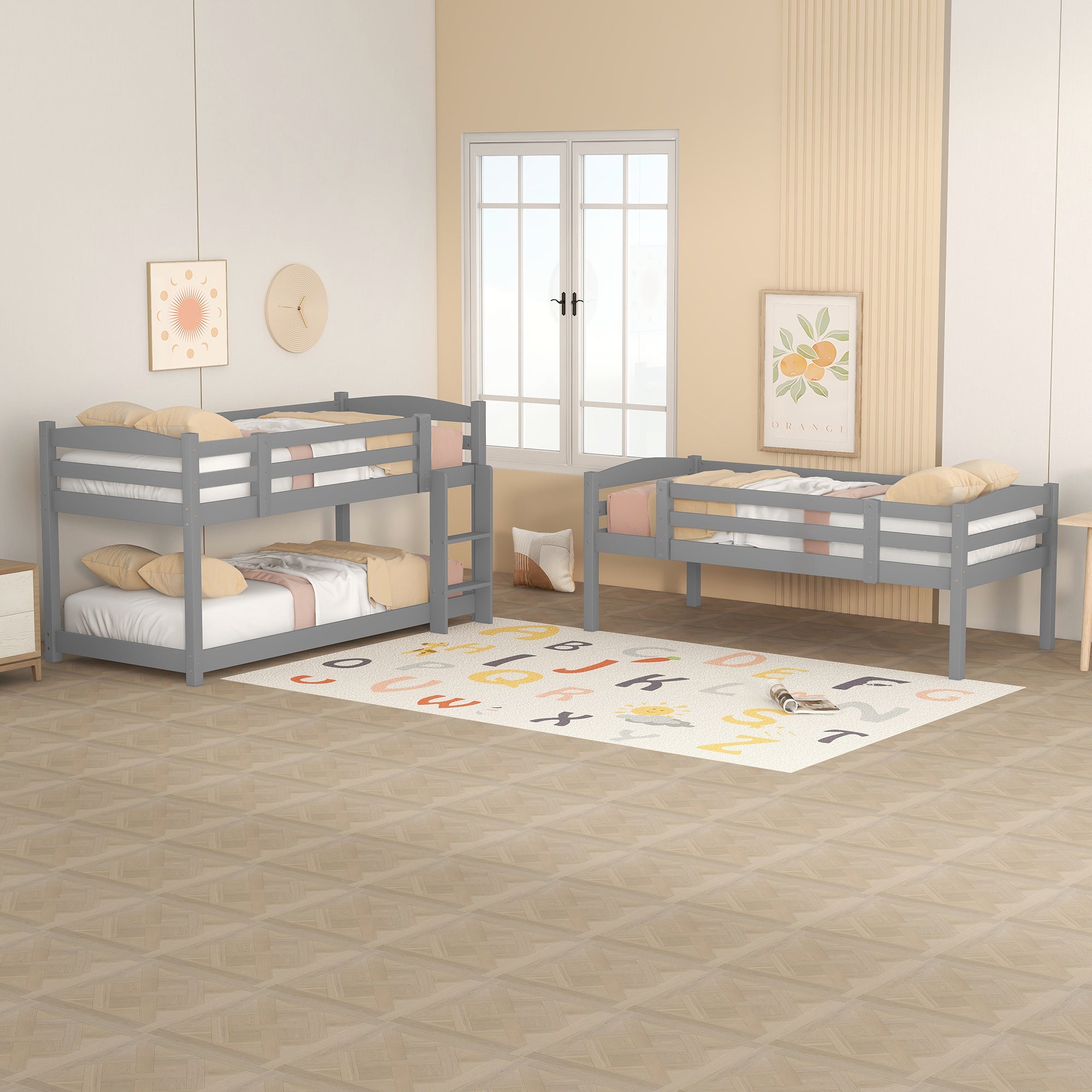 Bunk Bed 90x200cm Single Wooden Triple for Children, Grey
