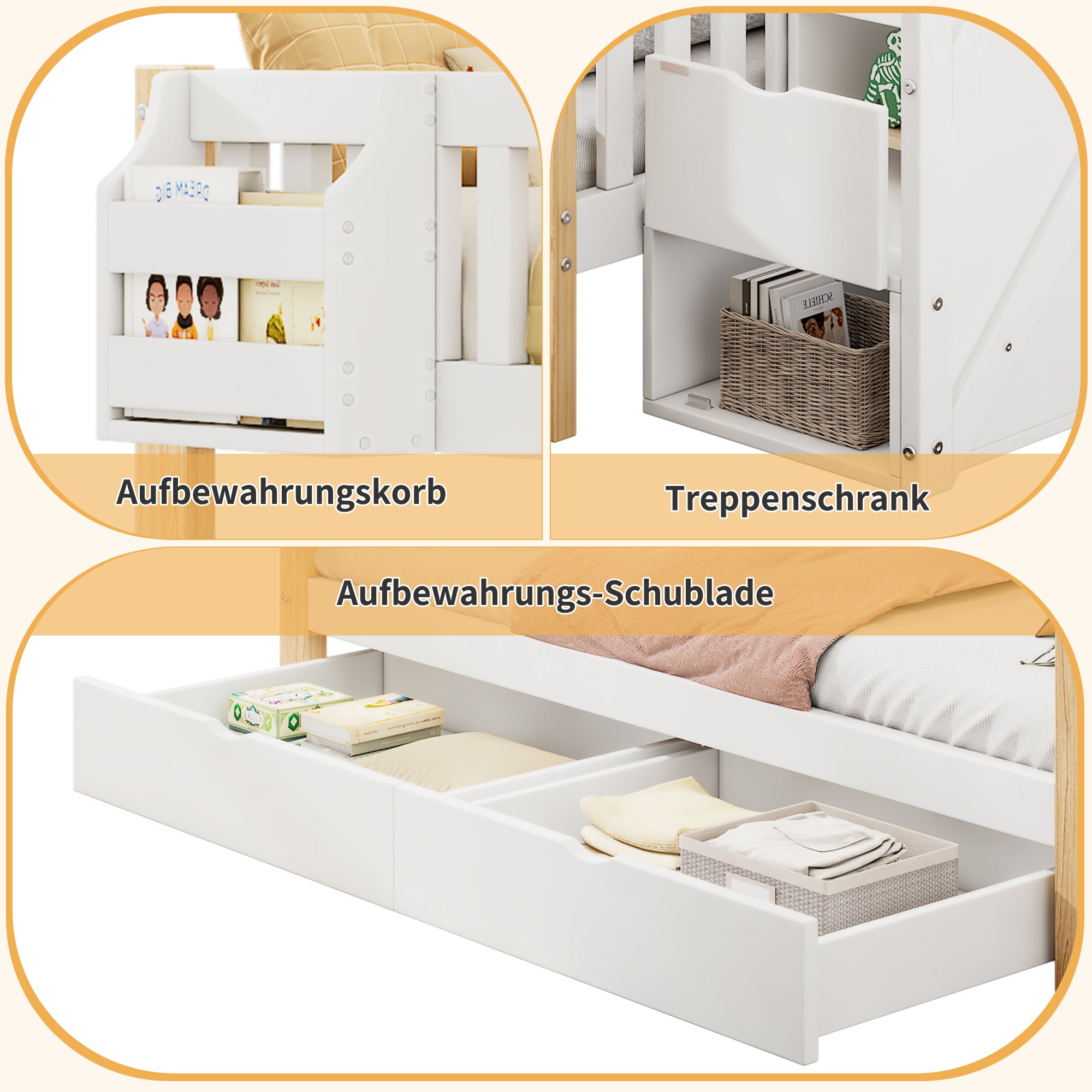Children's Bunk Bed, Multifunctional Double Bed with Storage, White + Natural Color