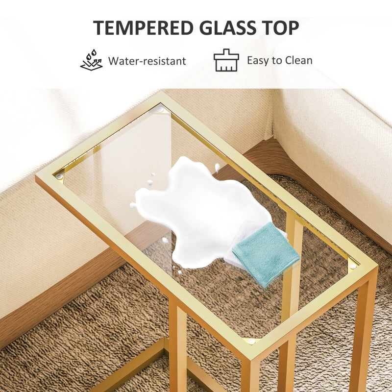 C-Shaped Side Table, Slim End Table with Tempered Glass Tabletop, Gold Tone Steel Frame