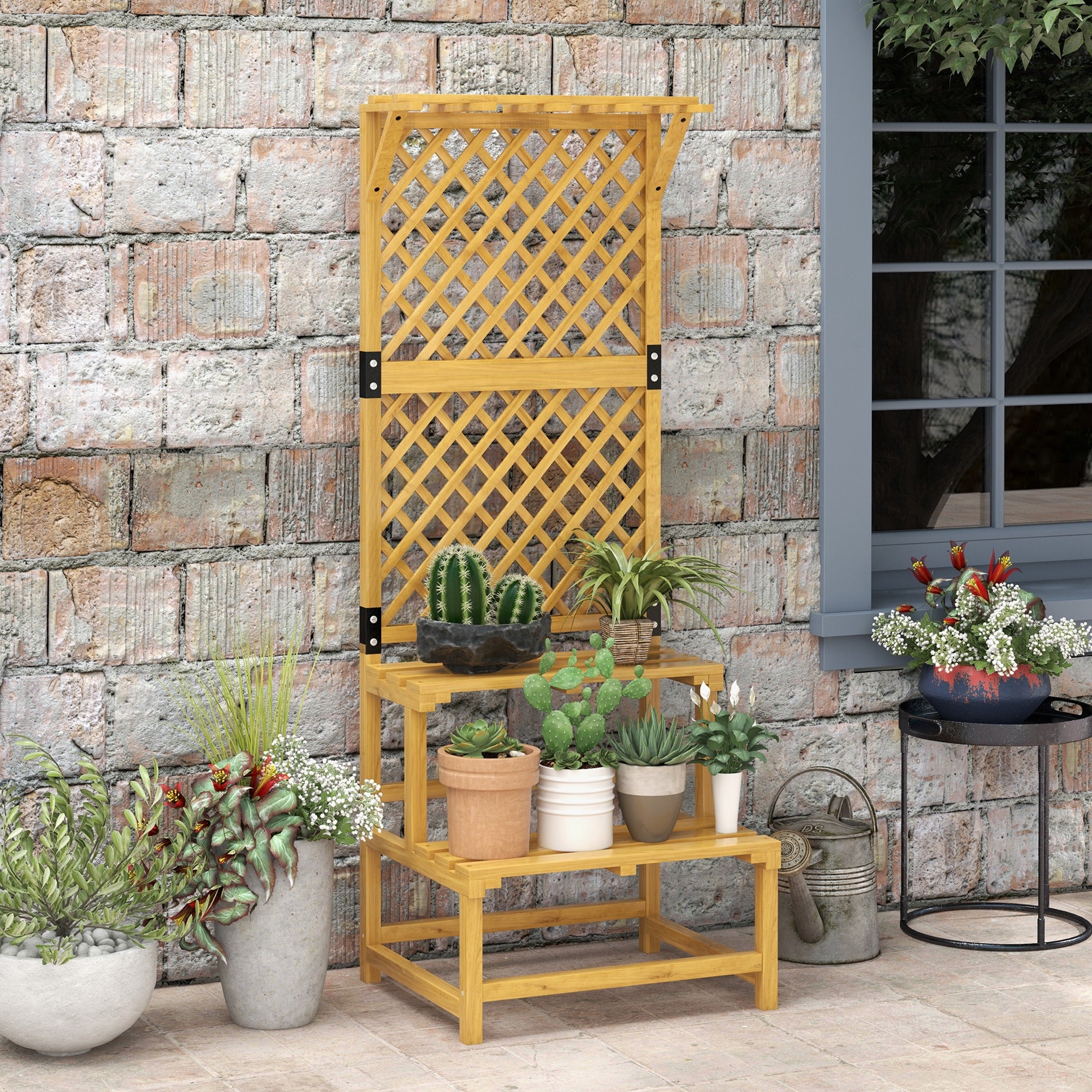 Wooden Plant Stand, 2 Levels, Trellis, Fir Wood