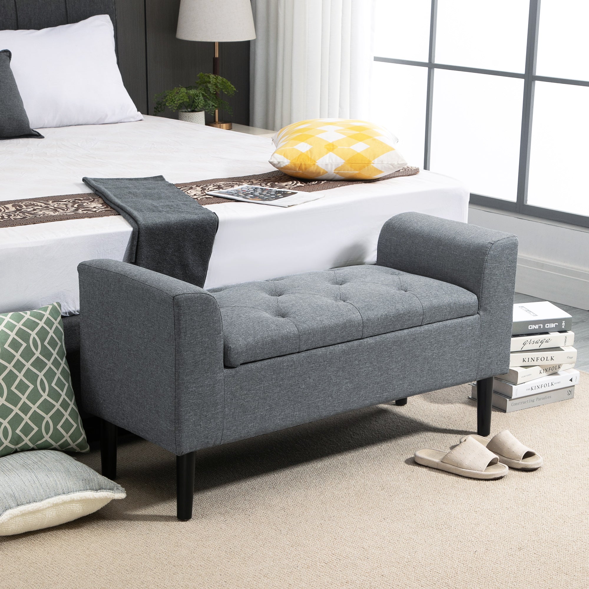 Storage Bench, Upholstered with Wooden Legs, Light Grey