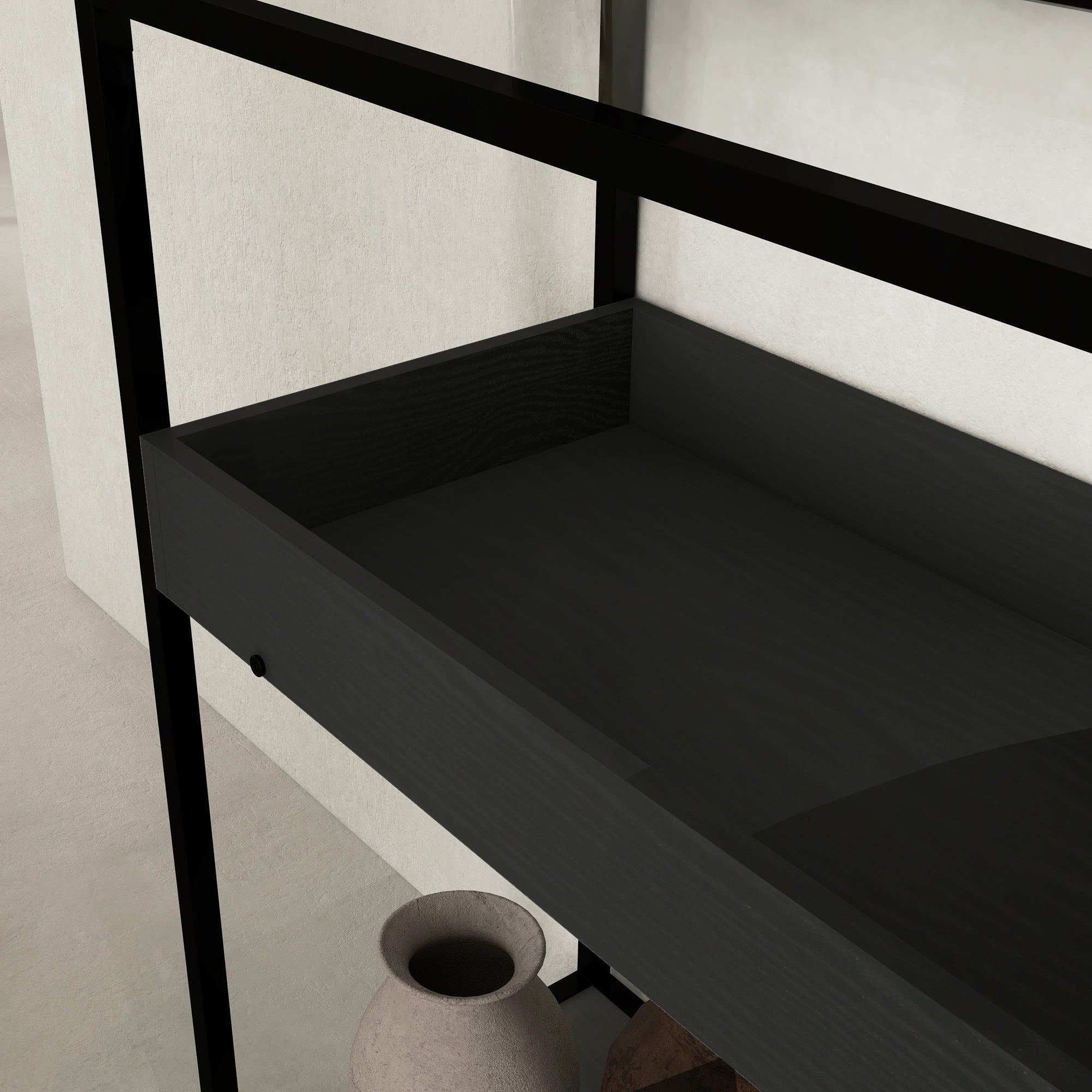 Console Table, 2 Shelves Glass Top, Steel Black