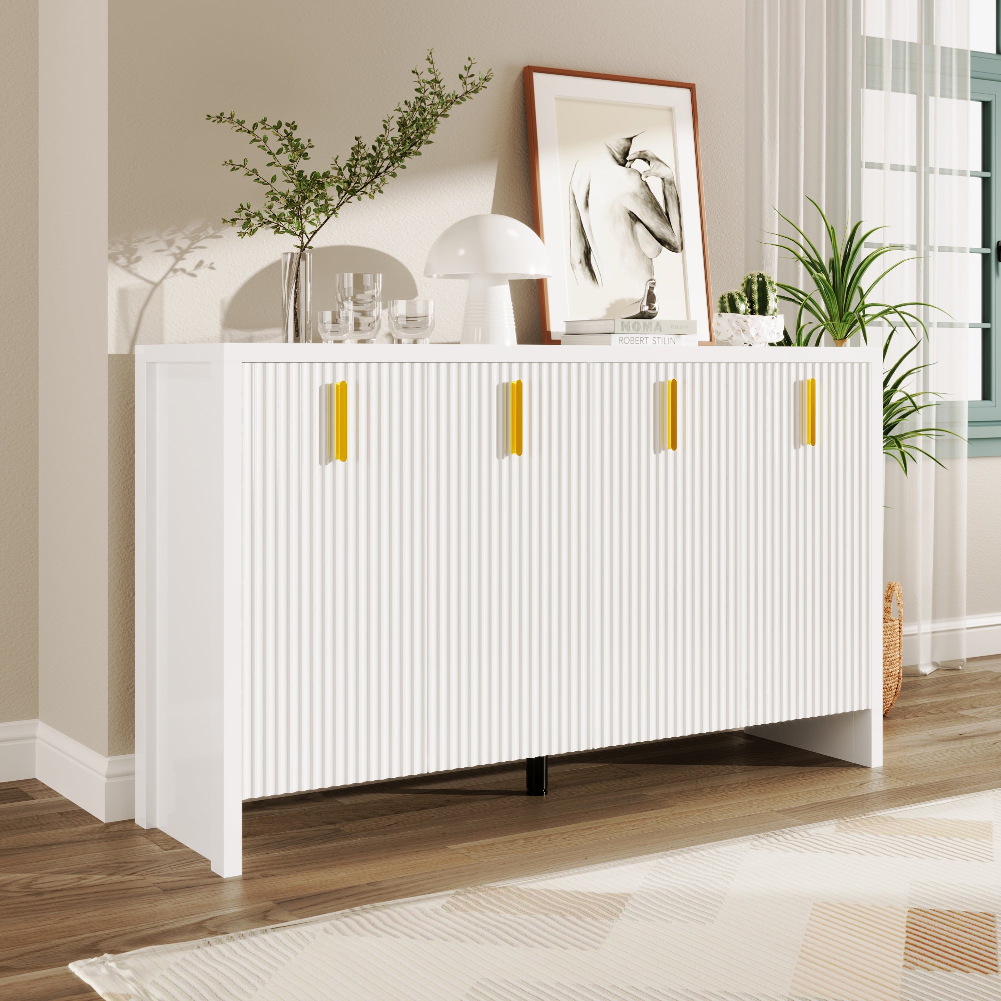 Sideboard, Minimalist with Golden Handles & Adjustable Dividers, White