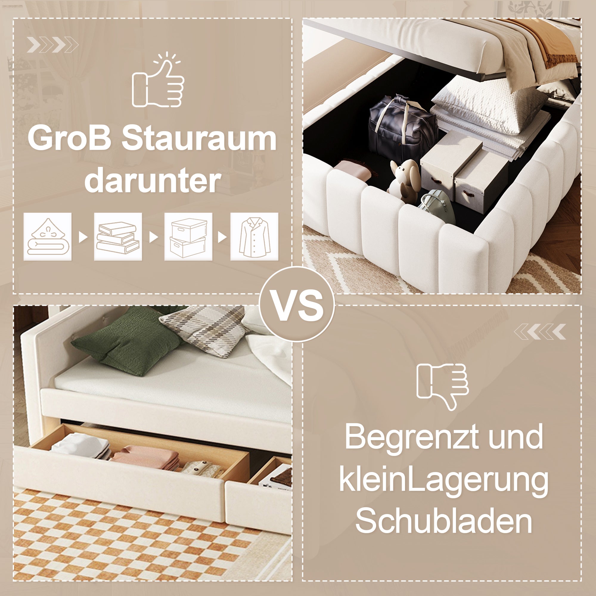 Upholstered Bed 90x200cm Hydraulic Storage - Beige