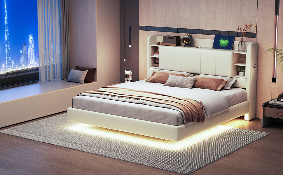 Upholstered Bed 160 x 200 cm, USB Socket, Light Strip, Reversible Headboard, Beige Linen Fabric