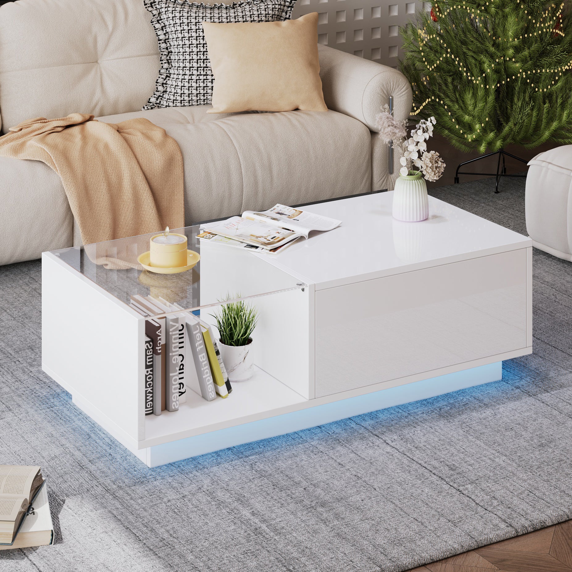 Lift Up Coffee Table Hidden Storage LED High Gloss, White MDF+Glass