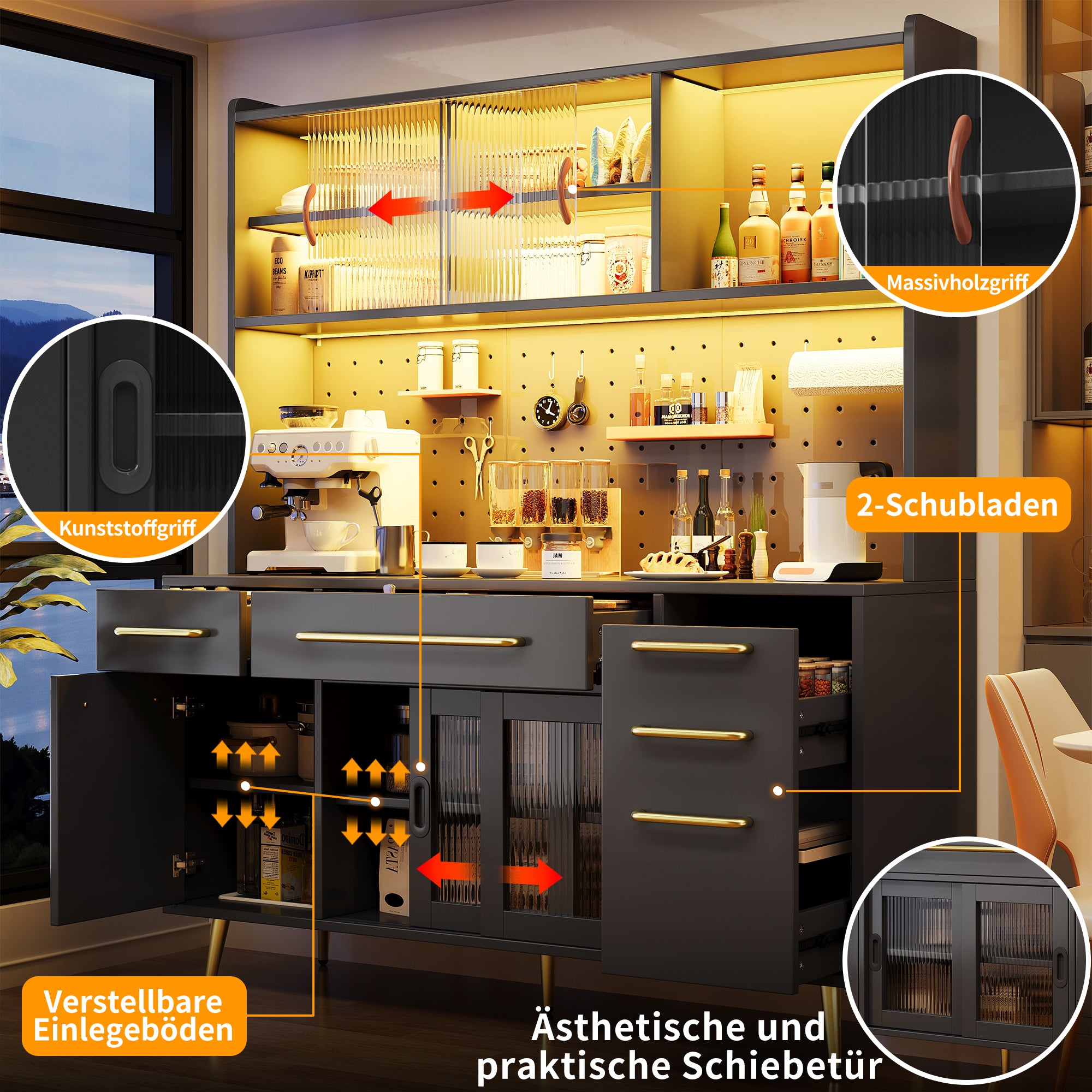 Modern Sideboard Tall Storage Cabinet with LED Lighting and Pegboard, Black