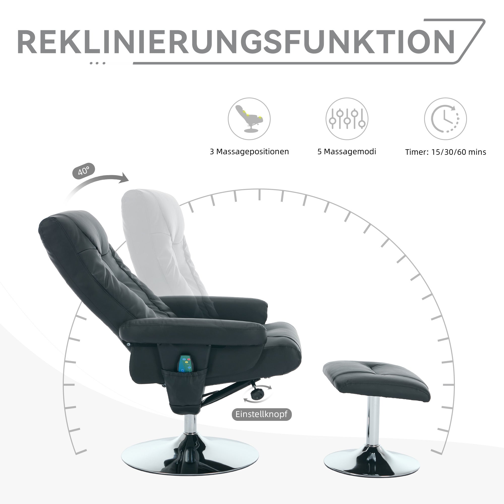 024 Recliner Chair, 5-Point Massage, Electric Heat & Footstool, 360° Swivel, Black PU Fabric
