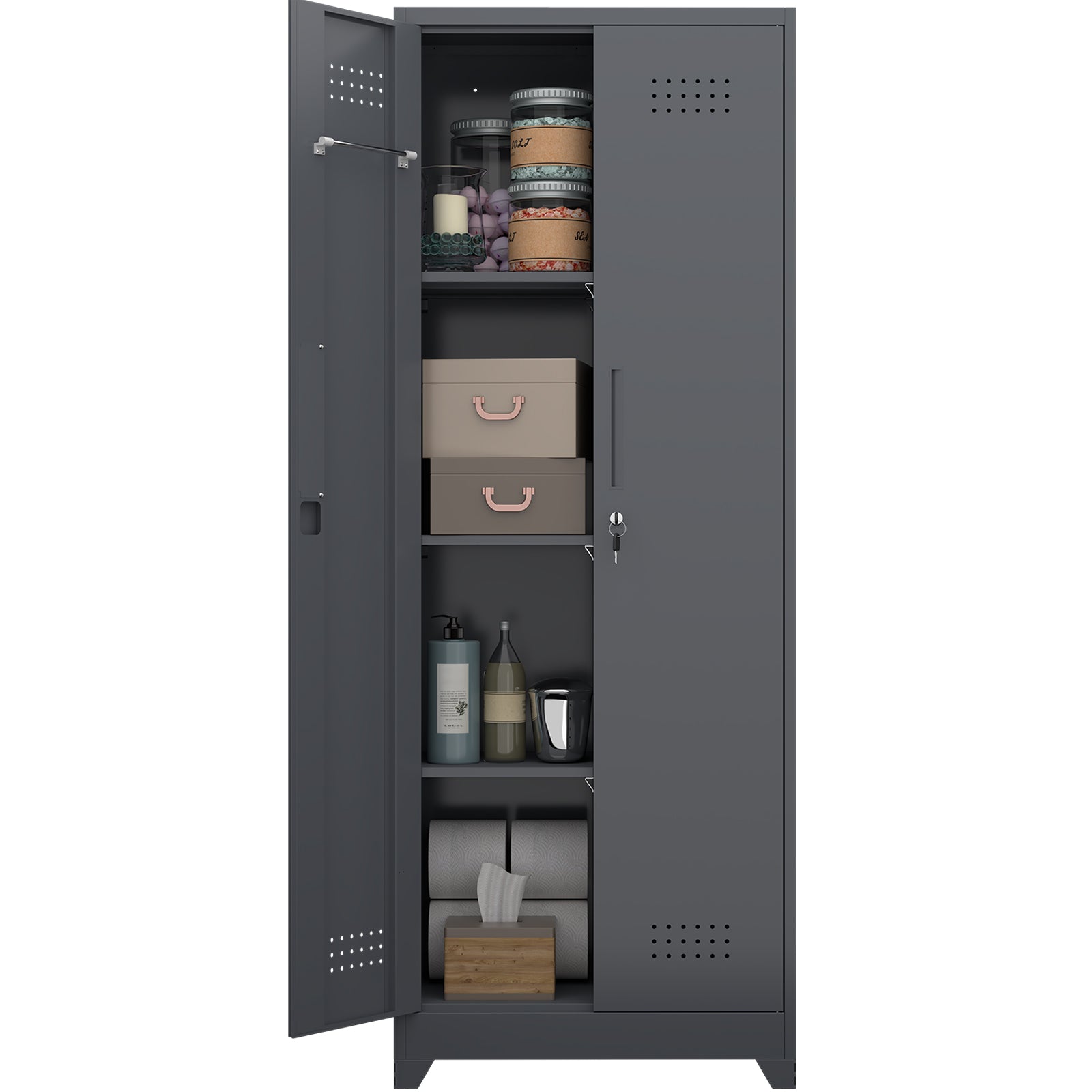 Broom Storage Cabinet with Locking Doors, Shelves and Hanging Rod, 65" H, Metal