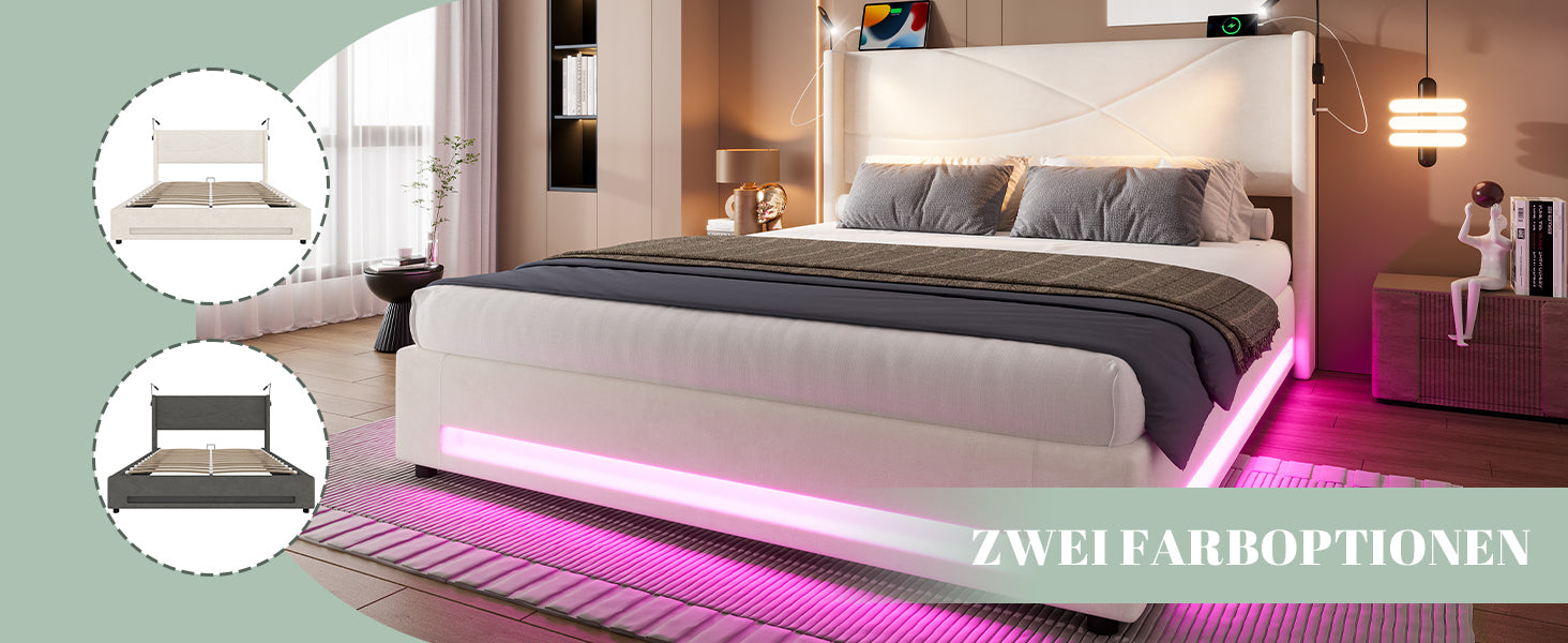 Bed Frame, Modern with Reading Lights, LED, Hydraulic Storage, USB Ports, 140x200cm
