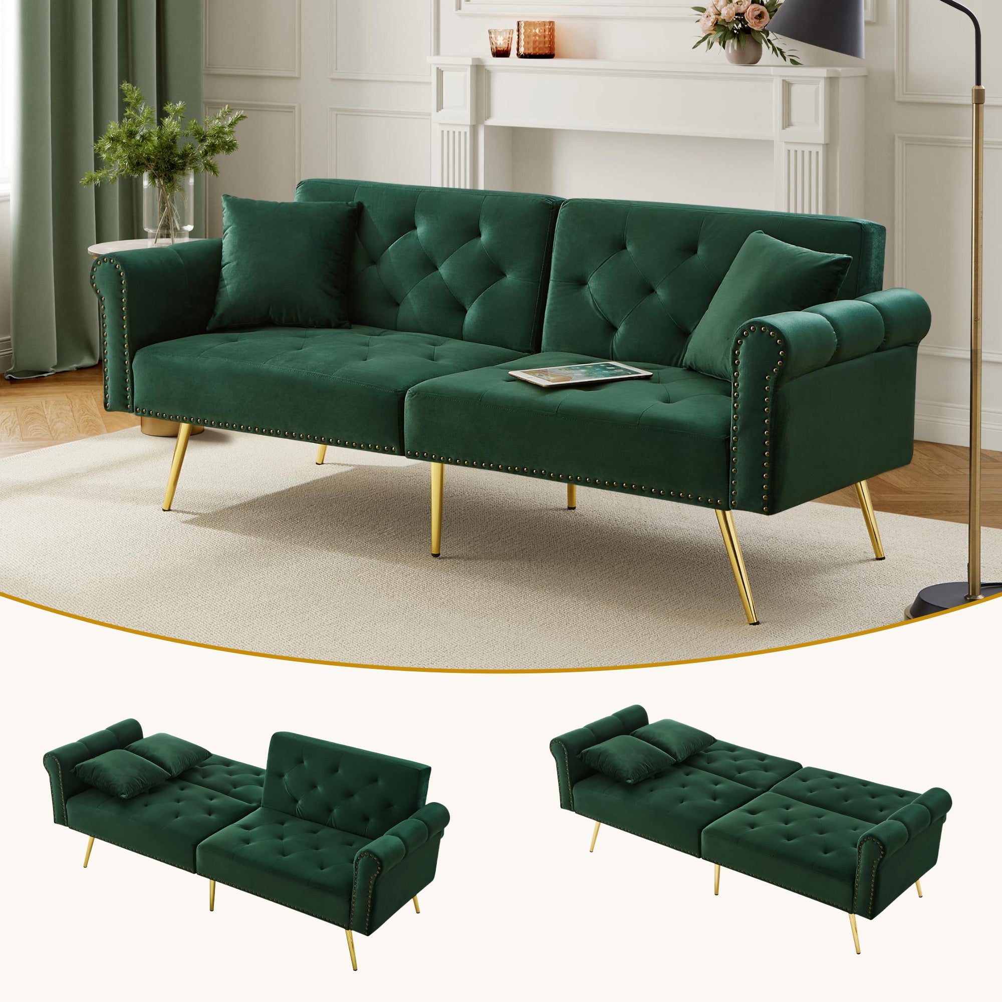 Modern 2-Seater Sofa Bed with 3-Stage Adjustable Backrest, Velvet Upholstery Green
