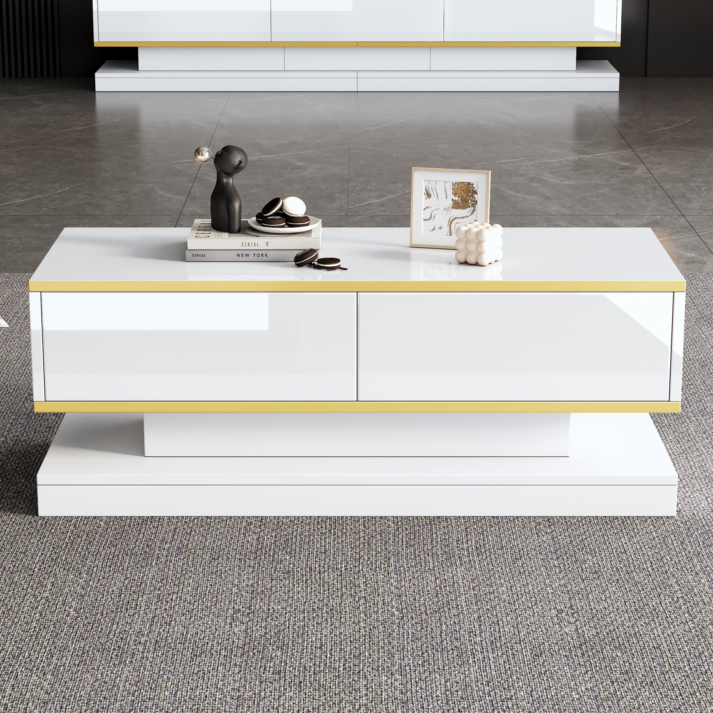 Coffee Table 100x50x38cm High Gloss with 2 Drawers, Warm White and Gold Edge