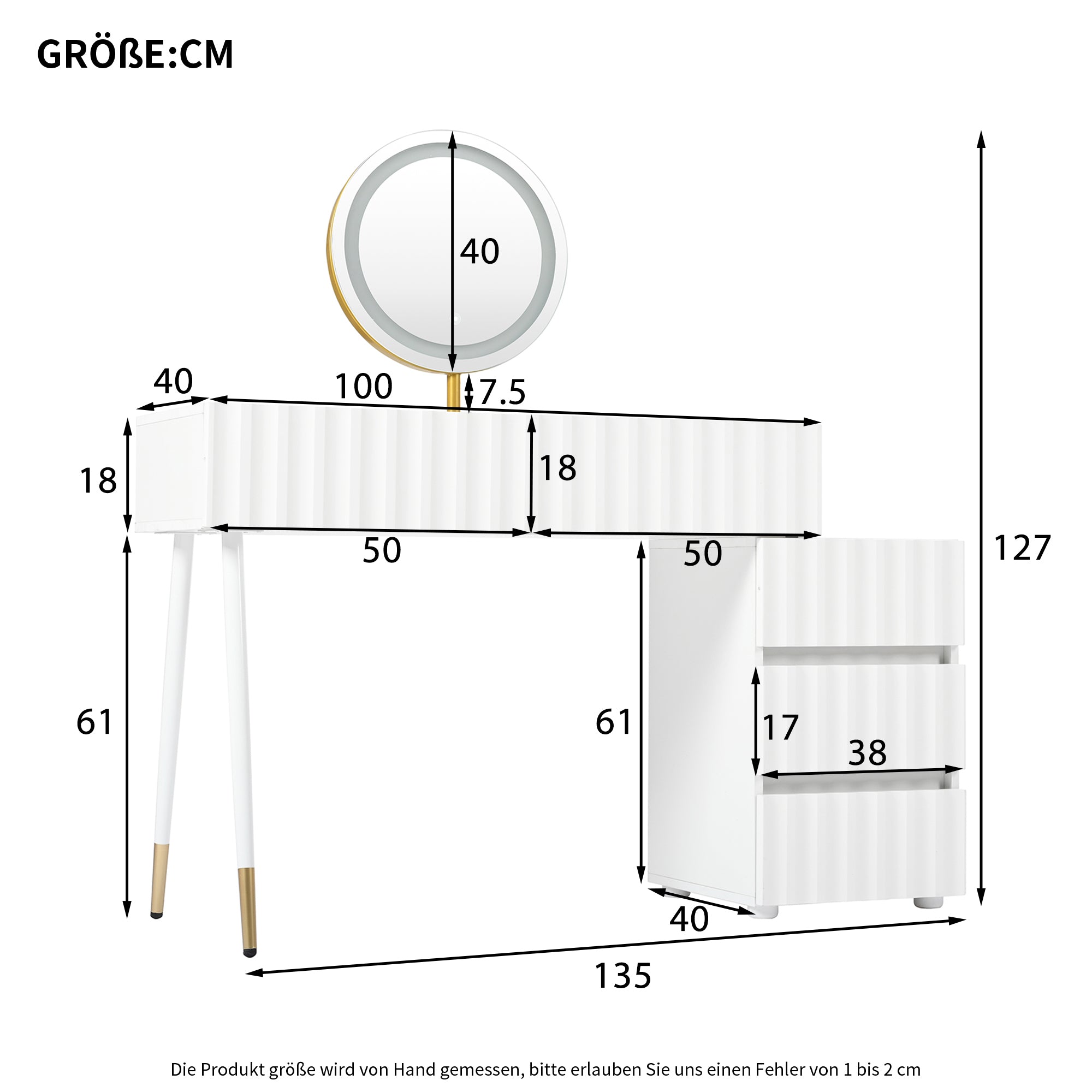 Dressing table with LED mirror and lighting, 5 spacious drawers, white