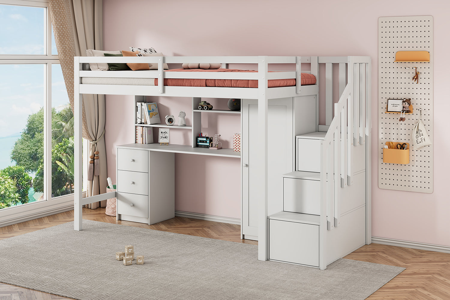 Bunk Bed with Desk, Wardrobe, Stairs, and Drawers, 90x200cm White