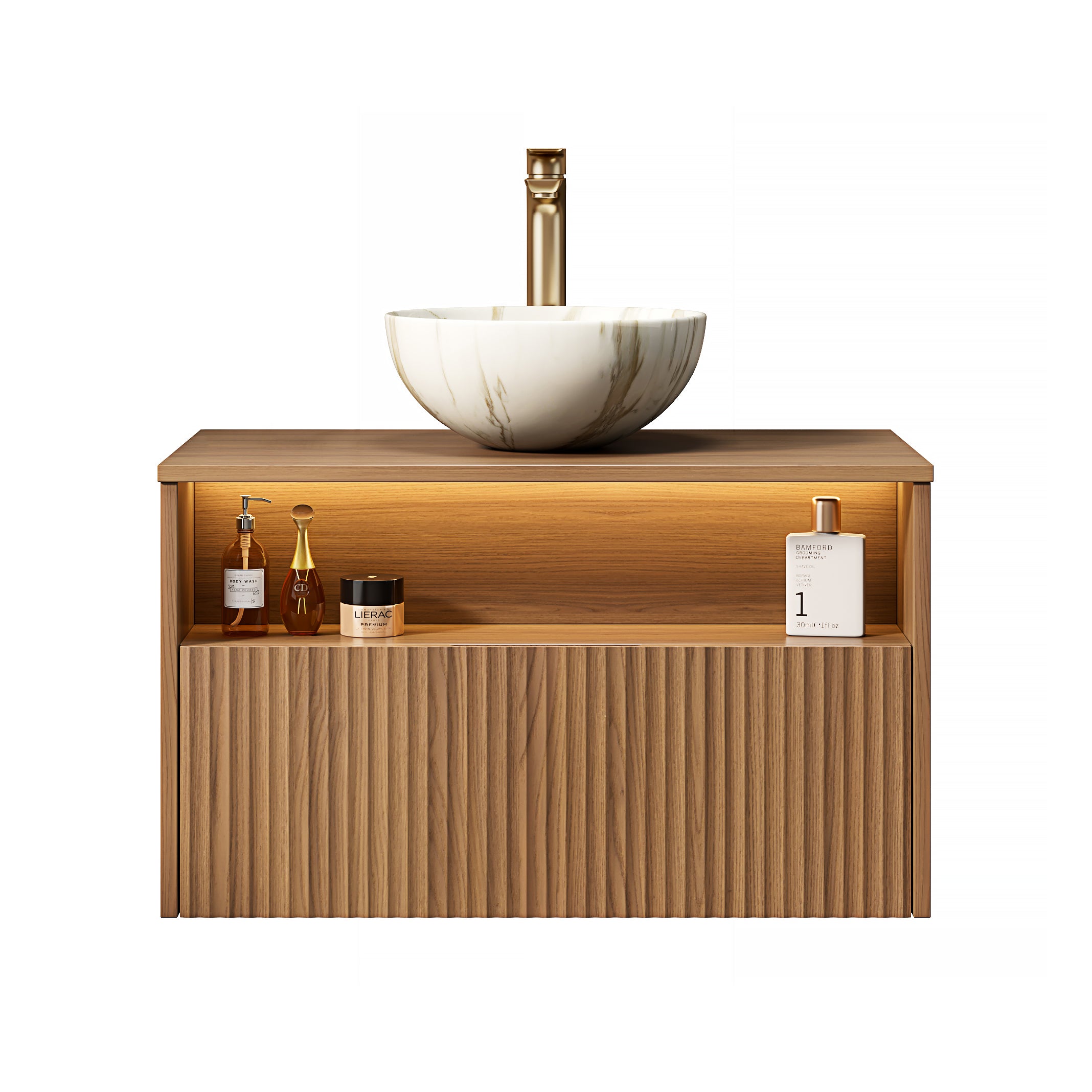 Floating Bathroom Sink with Ceramic Bowl and Sensor Light, Espresso Wood Grain
