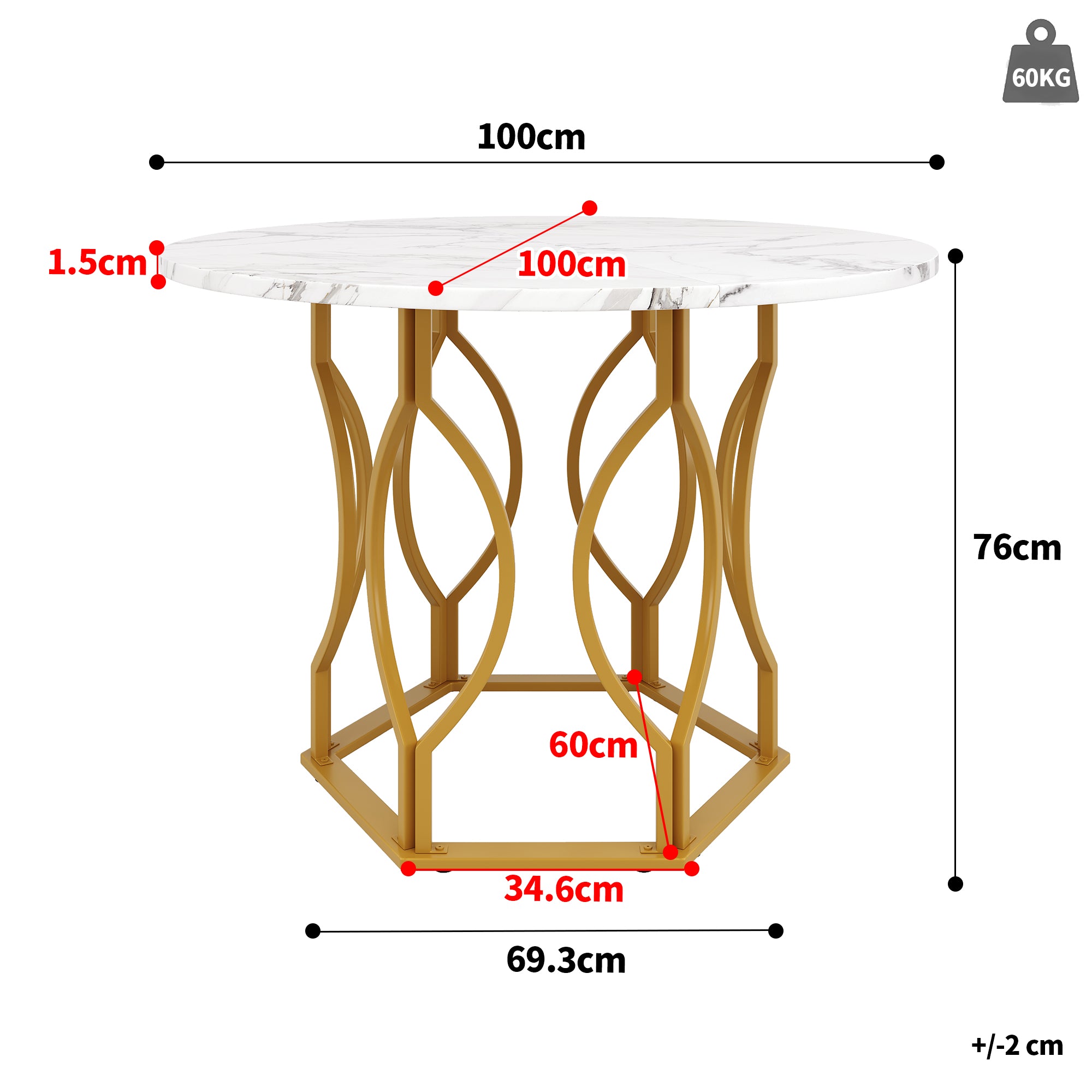 Round Dining Table (100x100x76cm), 4-Seater, Metal Legs, MDF Marbled Tabletop, Golden Legs