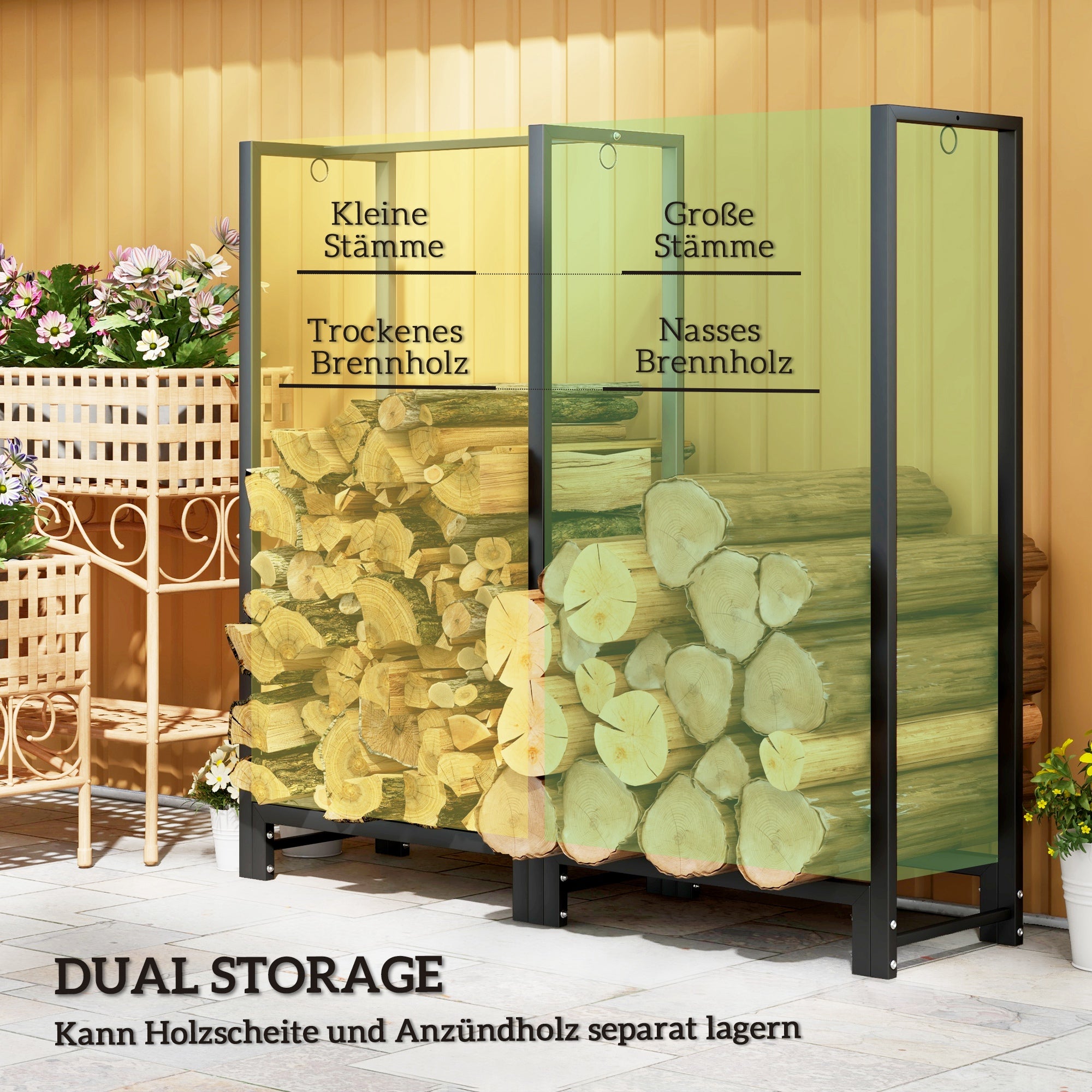 Firewood Rack with Two Sections, Three Hooks, 200 kg Load Capacity, Steel, Black