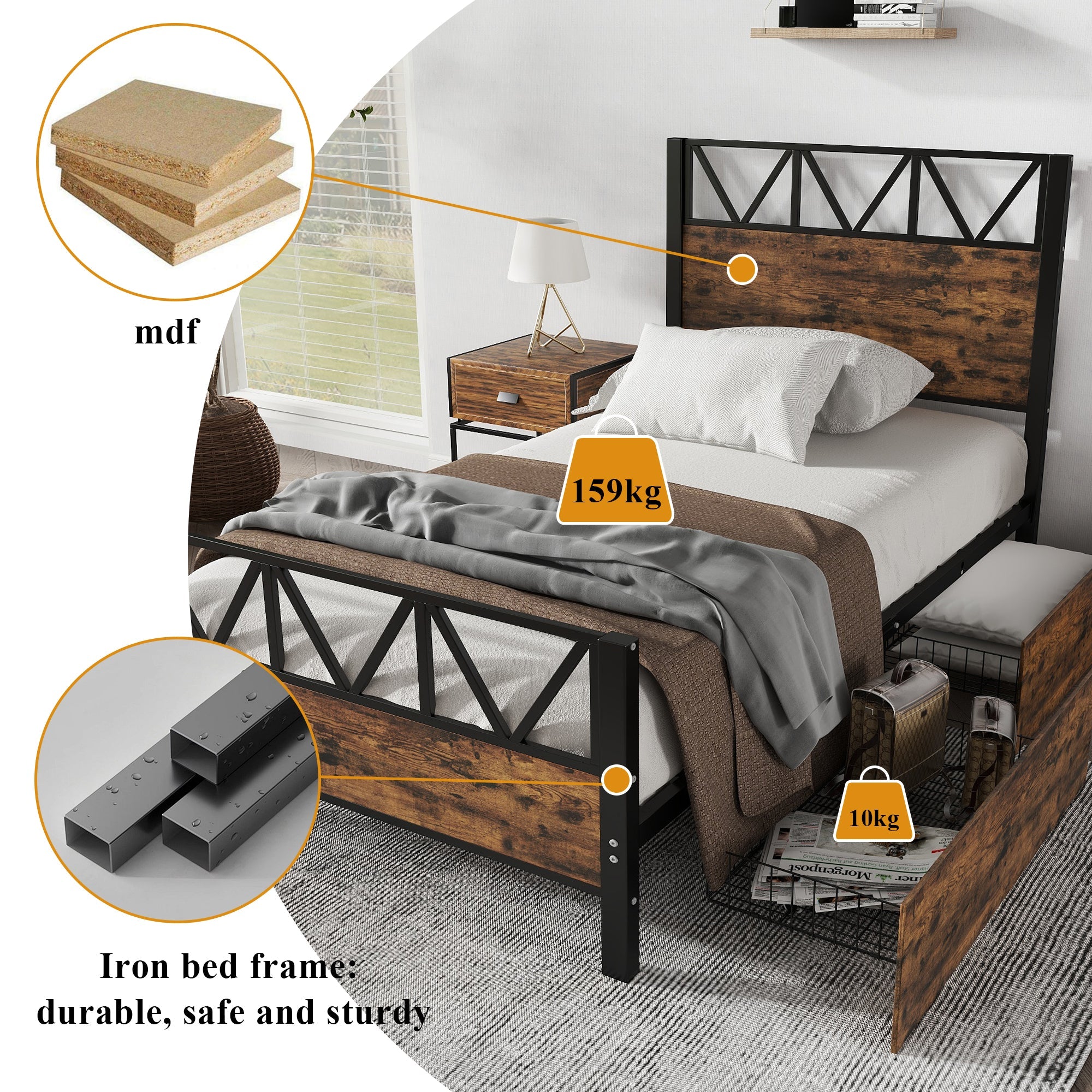 Metal Bed, 3FT Single with 2 Drawers, Black+Wood Color