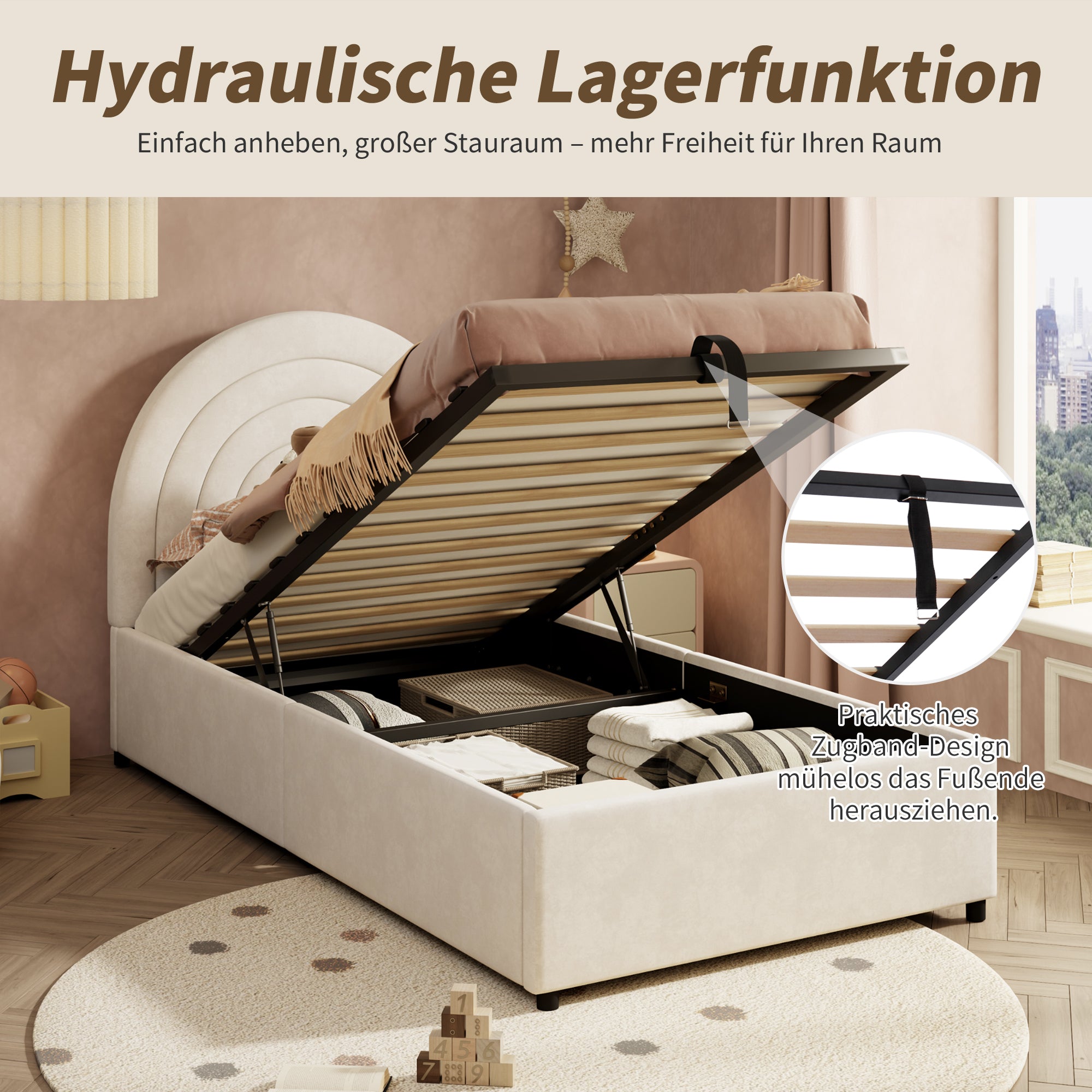 Upholstered Single Bed 90x200 with Slatted Base and Headboard, Beige Velvet