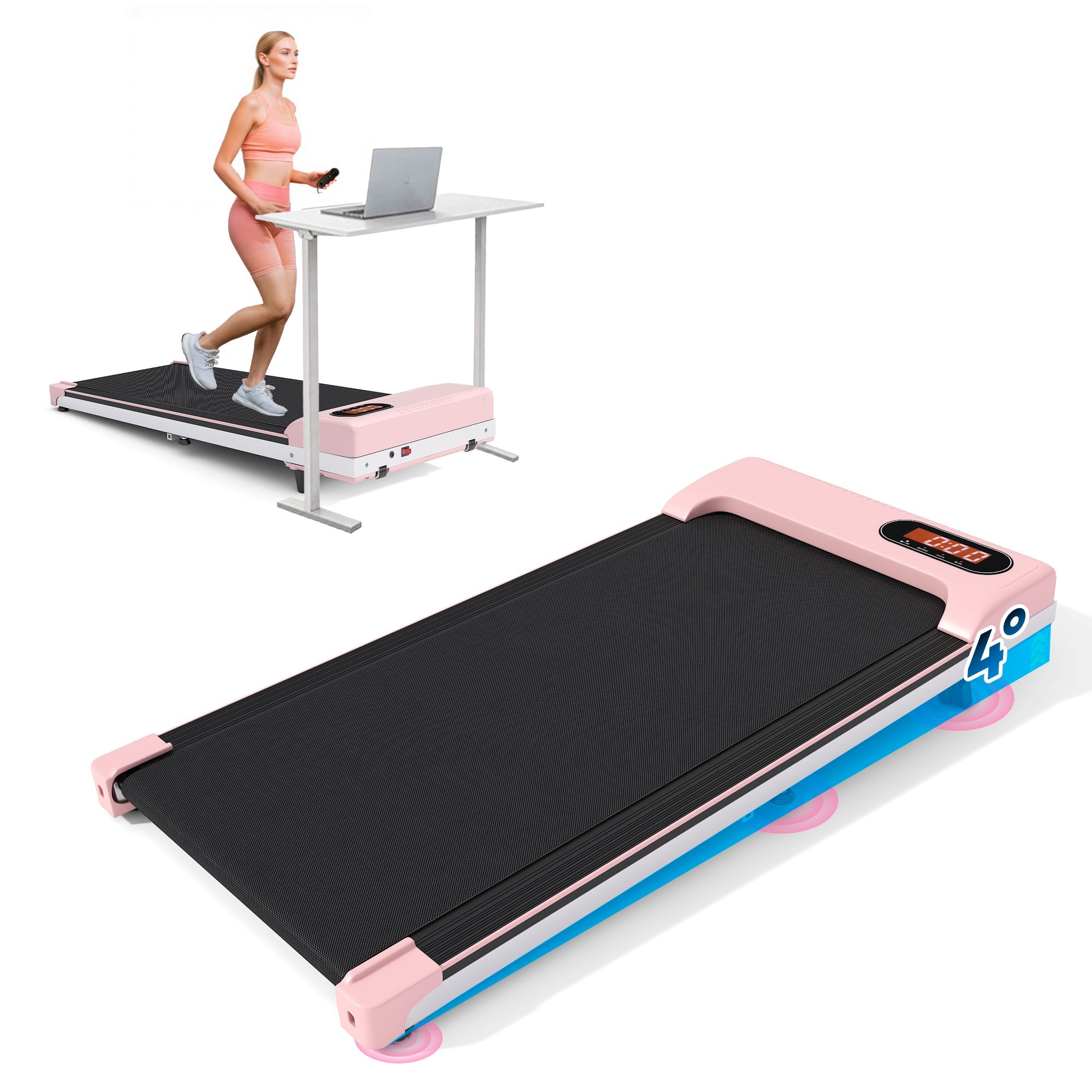 Folding Under Desk Walking Pad Treadmill with Adjustable Incline, 1-6 km/h Low Noise for Home & Office, LED Display, Magnetic Remote Control, Transport Wheels & Plug, Pink.